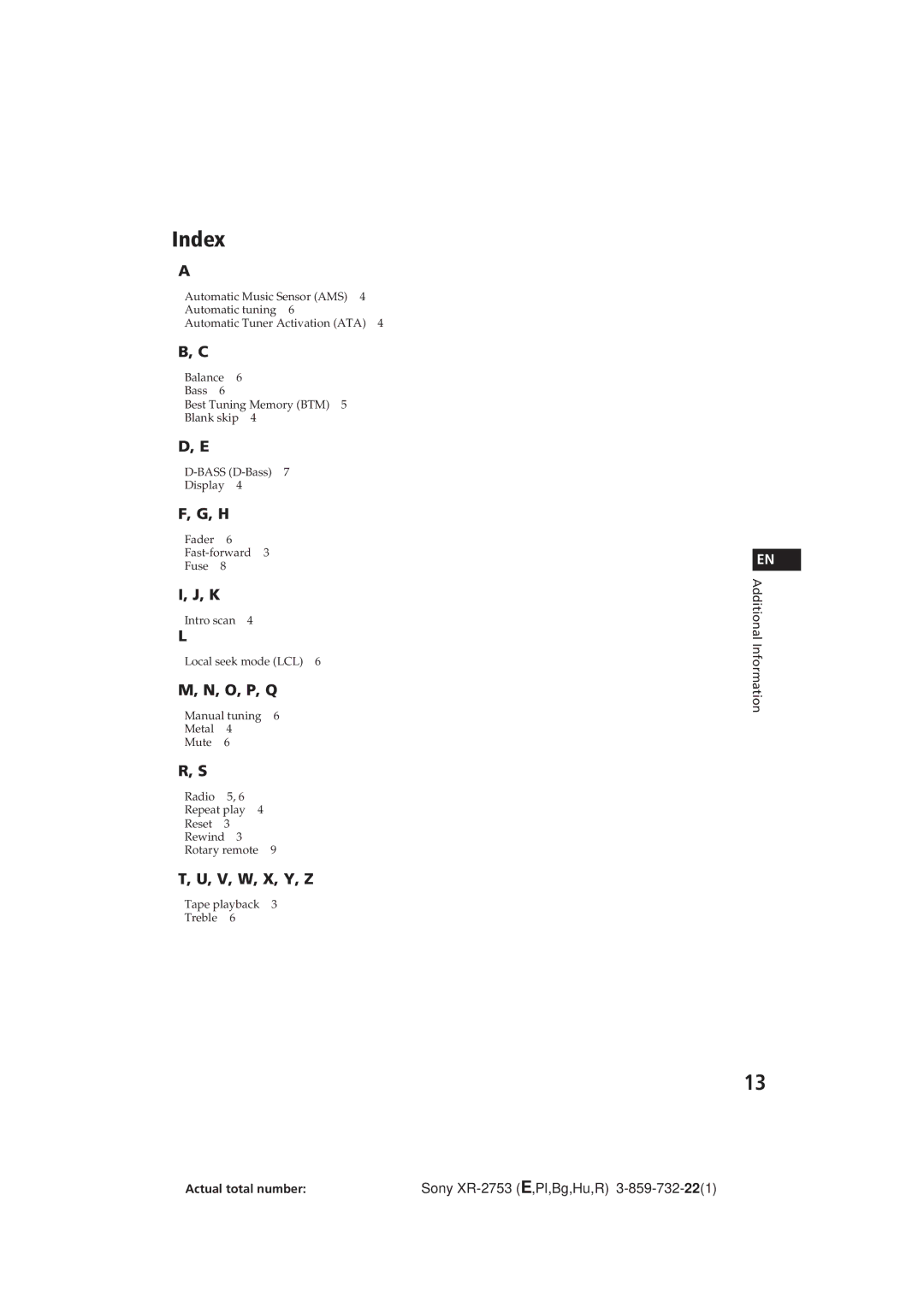 Sony XR-2753 operating instructions Index 