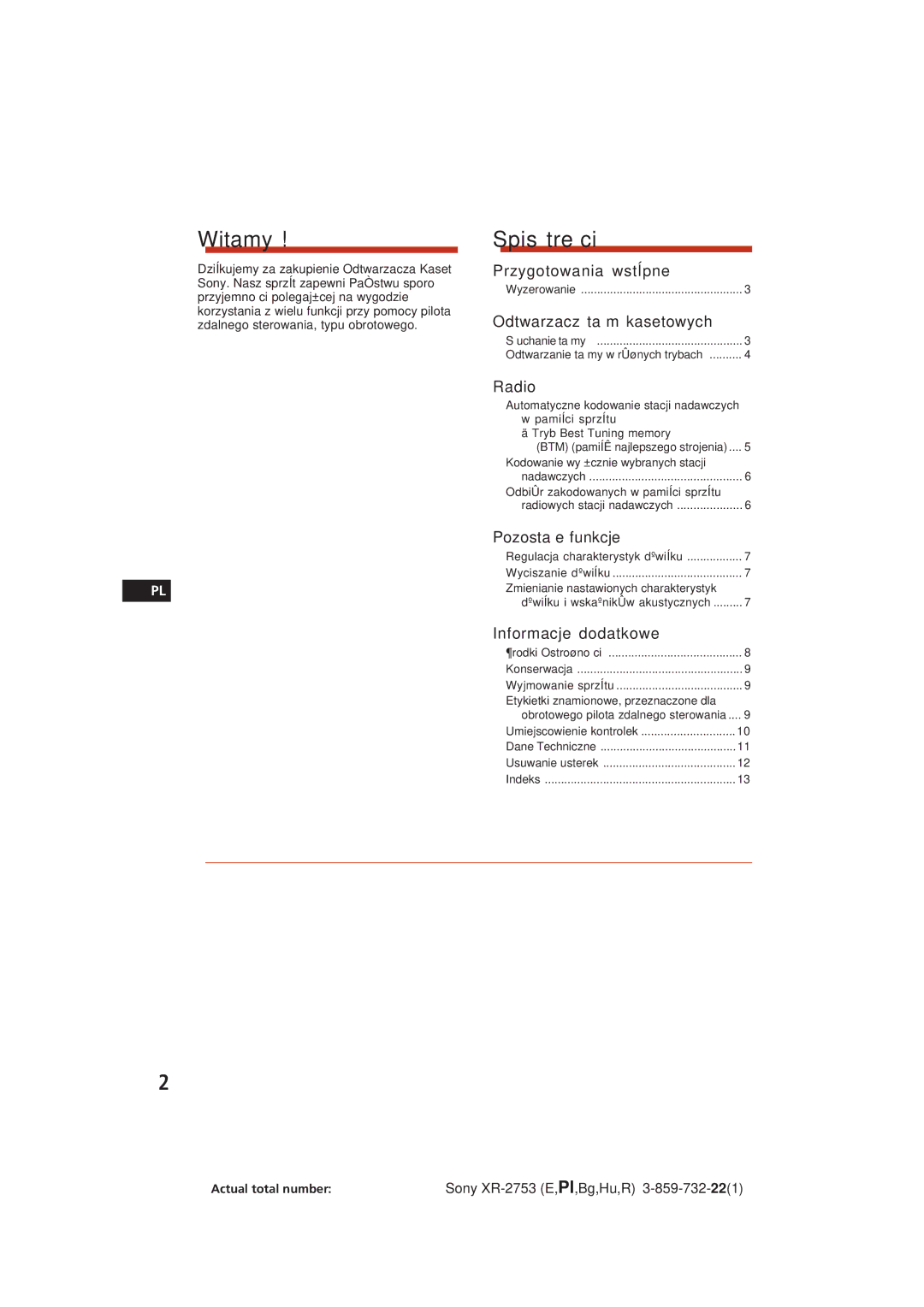 Sony operating instructions Witamy, Spis tre ci, Sony XR-2753 E,Pl,Bg,Hu,R 