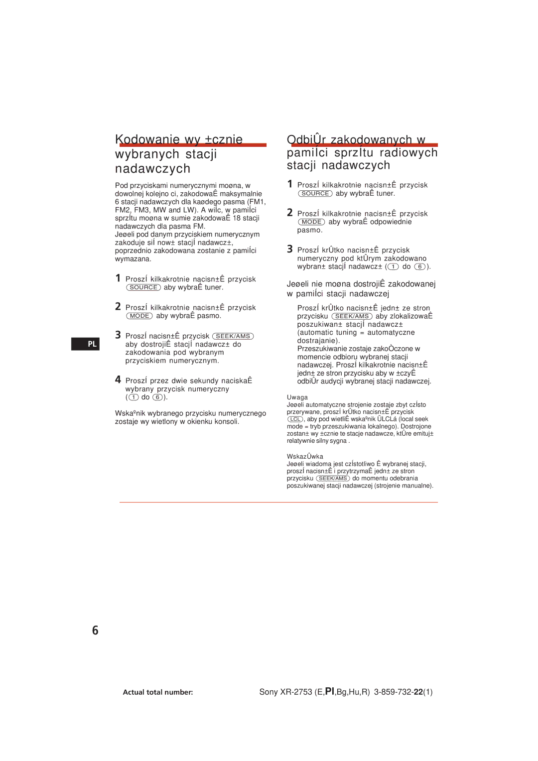 Sony XR-2753 operating instructions Kodowanie wy ±cznie wybranych stacji nadawczych 