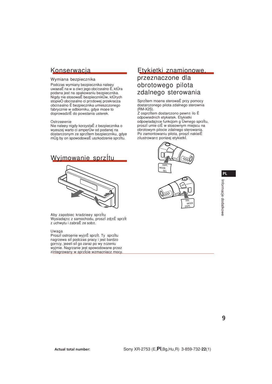 Sony XR-2753 operating instructions Konserwacja, Wyjmowanie sprzÍtu, Wymiana bezpiecznika, Informacje dodatkowe 