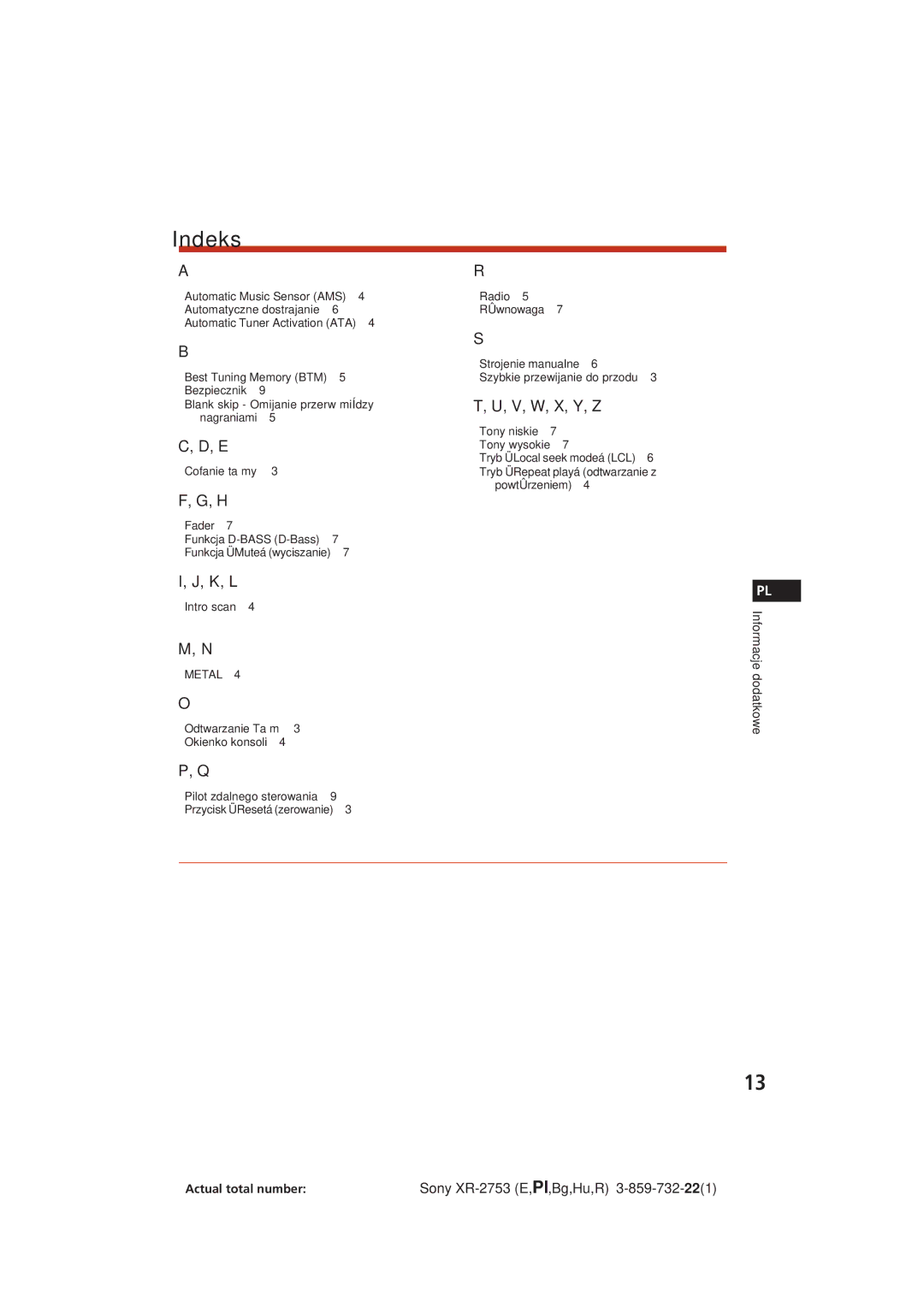 Sony XR-2753 operating instructions Indeks, V, W, X, Y, Z 