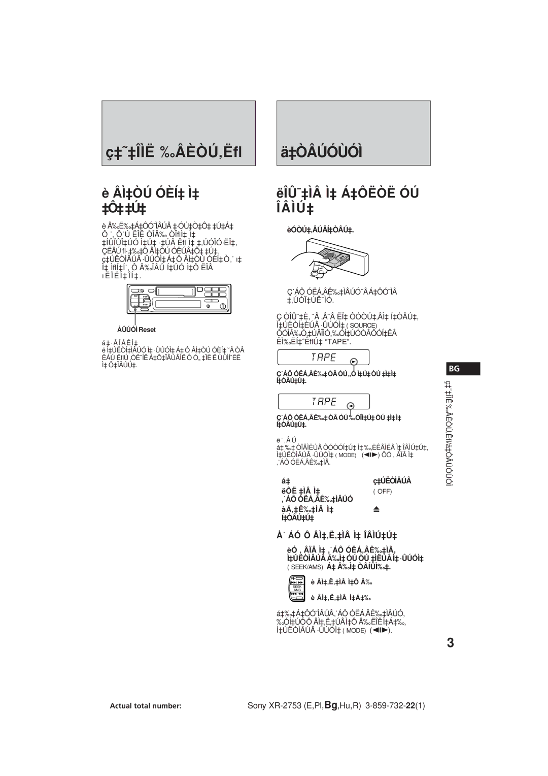 Sony XR-2753 operating instructions ‡˜‡ÎÌË ‰ÂÈÒÚ‚Ëﬂ, ‡Òâúóùóì, Âì‡Òú Óèí‡ Ì‡ ‡Ô‡‡Ú‡, ‡Òâú‡Ú‡ 