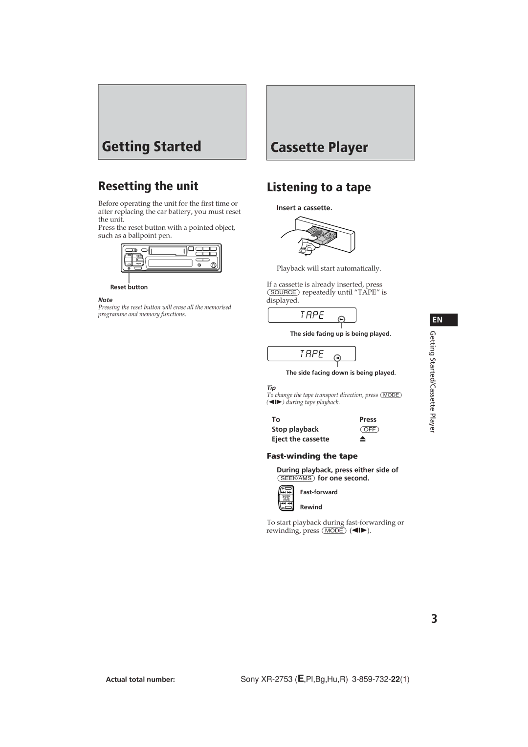 Sony XR-2753 operating instructions Resetting the unit, Listening to a tape, Fast-winding the tape 