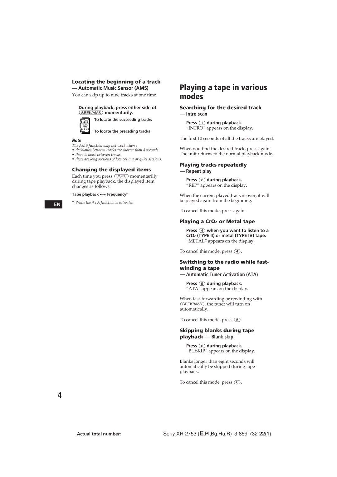 Sony XR-2753 operating instructions Playing a tape in various modes 