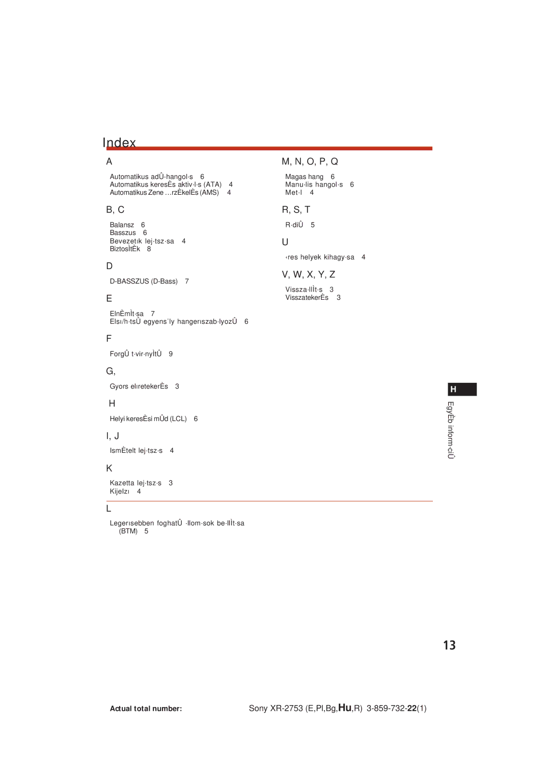 Sony XR-2753 operating instructions Index, O, P, Q 