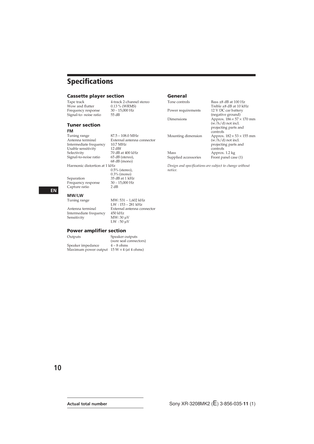 Sony XR-3208MK2 operating instructions Specifications, Cassette player section, Power amplifier section 