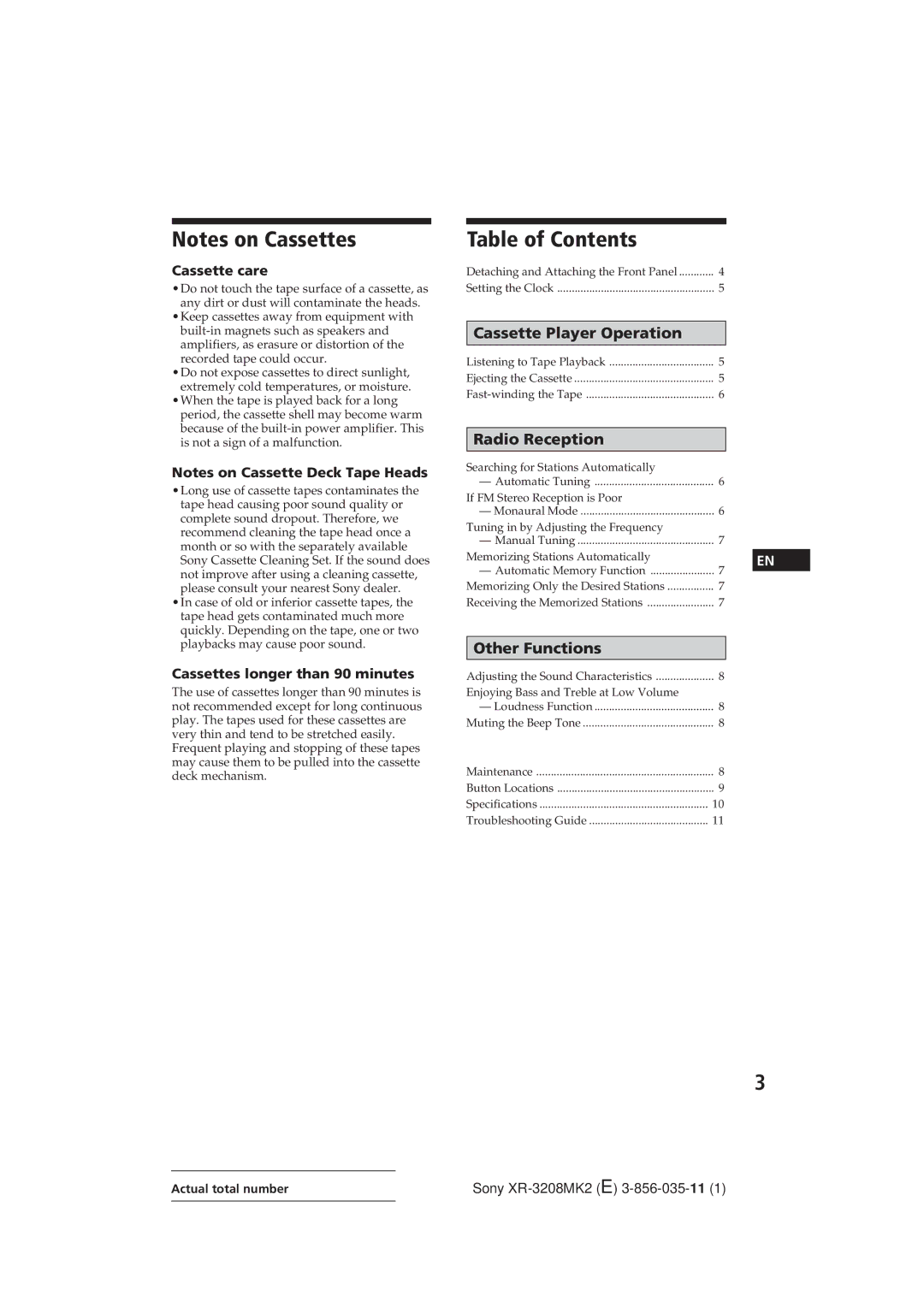 Sony XR-3208MK2 operating instructions Table of Contents 