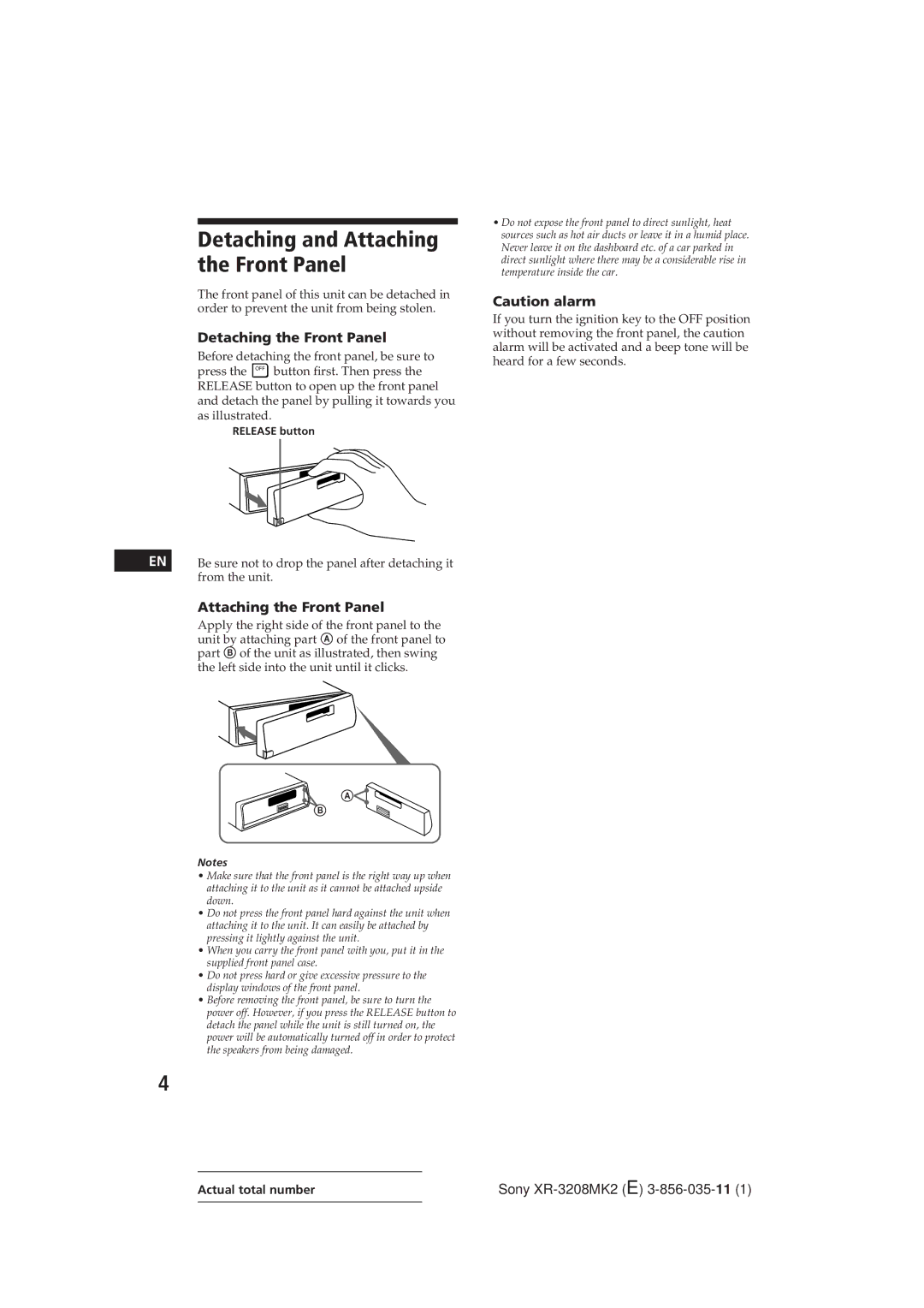 Sony XR-3208MK2 operating instructions Detaching and Attaching the Front Panel, Detaching the Front Panel 