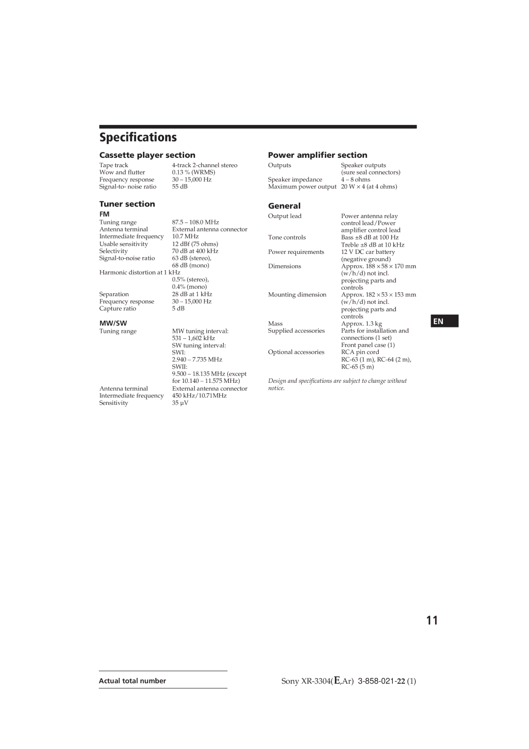 Sony XR-3304, XR-3309 operating instructions Specifications, Cassette player section, Power amplifier section 