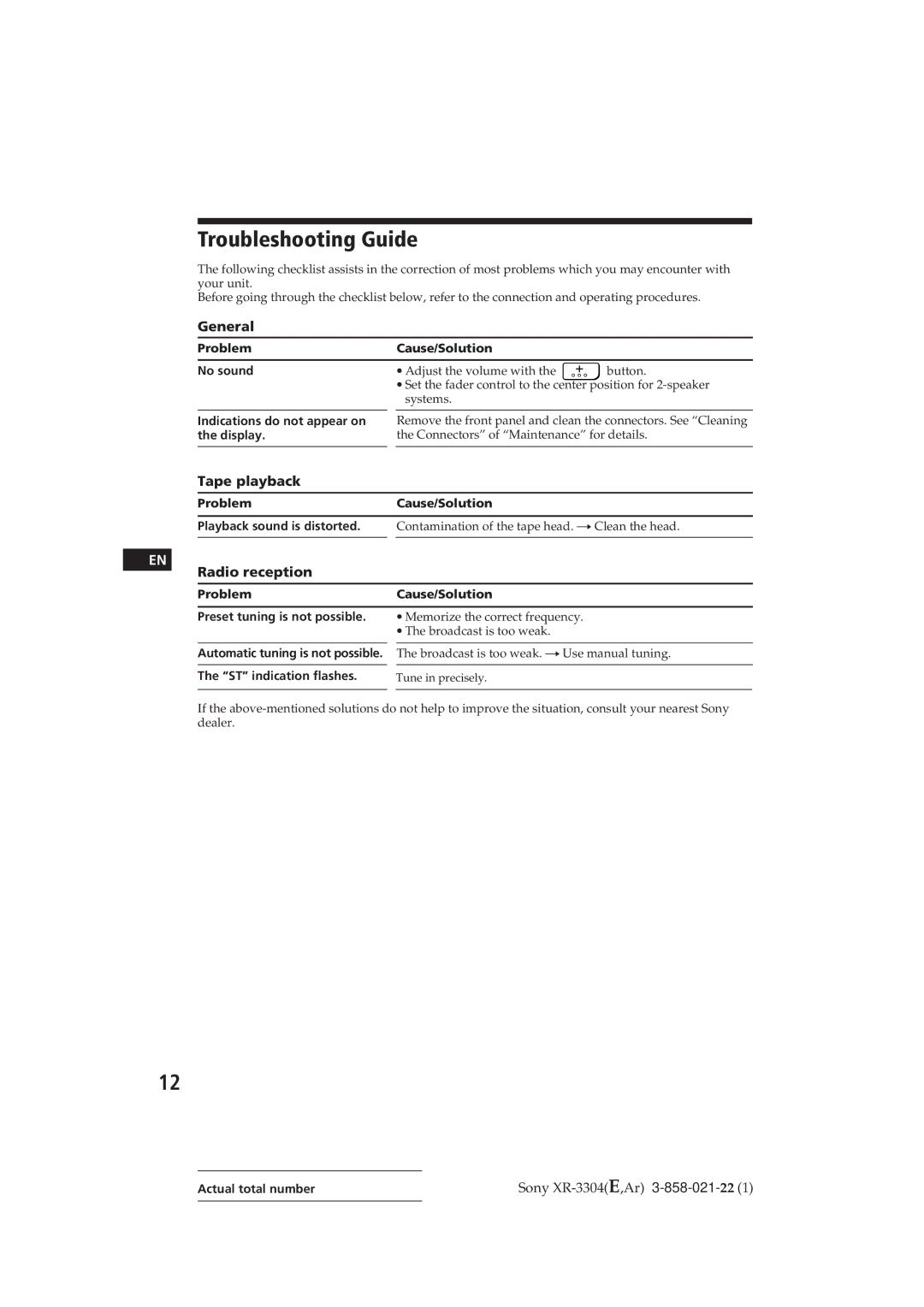 Sony XR-3309, XR-3304 operating instructions Troubleshooting Guide, Tape playback, Radio reception 