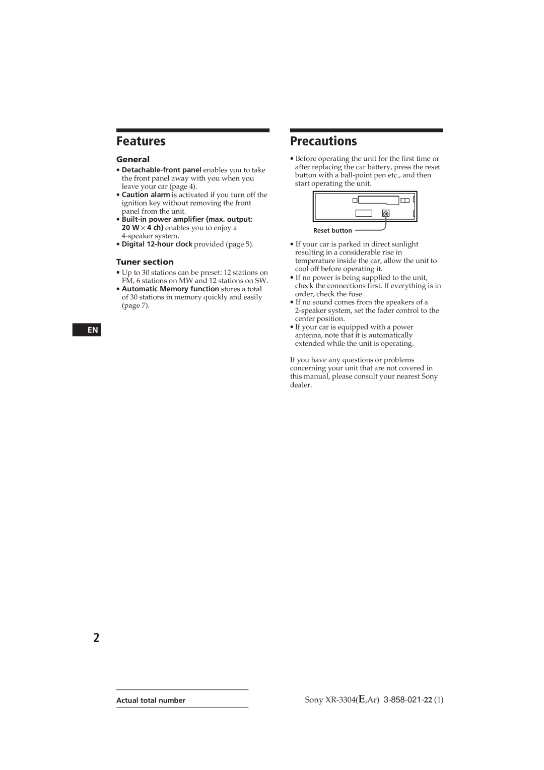 Sony XR-3309, XR-3304 operating instructions Features, Precautions, General, Tuner section 