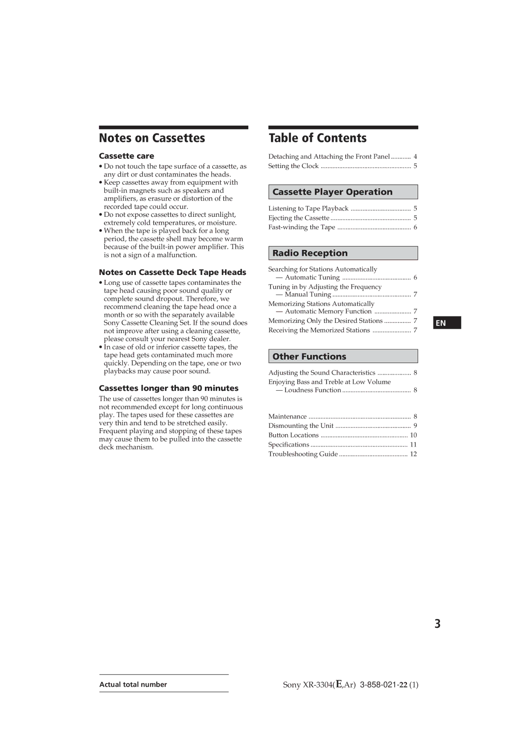 Sony XR-3304, XR-3309 operating instructions Table of Contents 