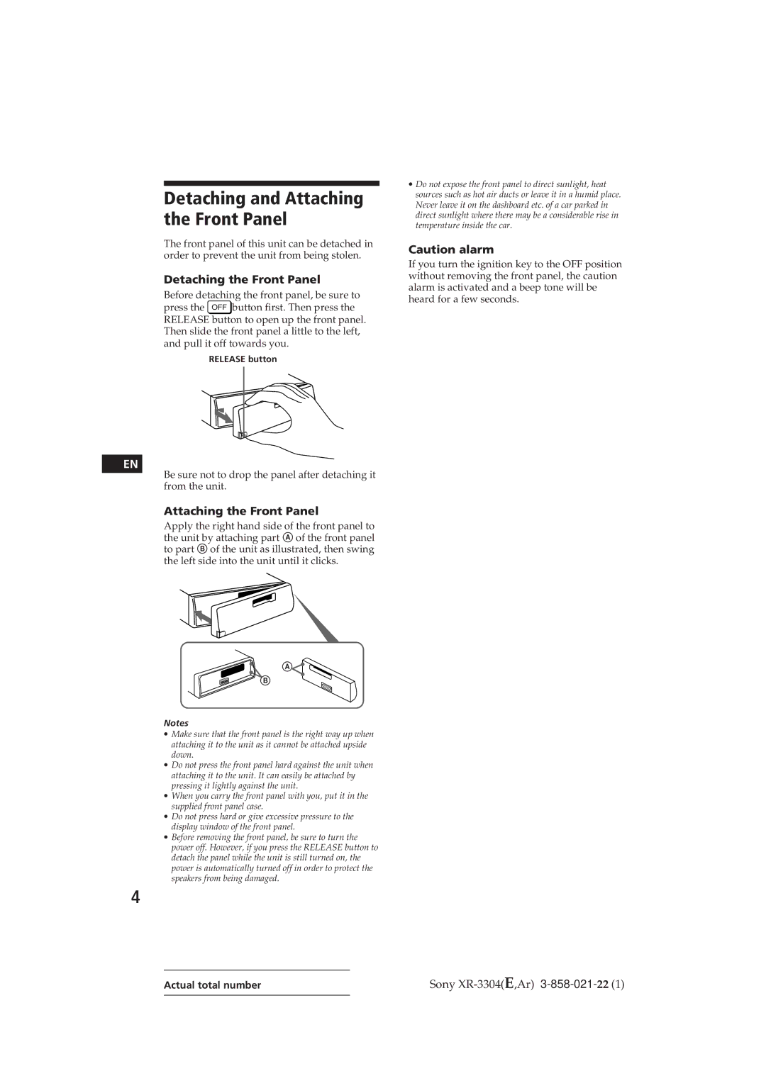 Sony XR-3309, XR-3304 operating instructions Detaching and Attaching the Front Panel, Detaching the Front Panel 