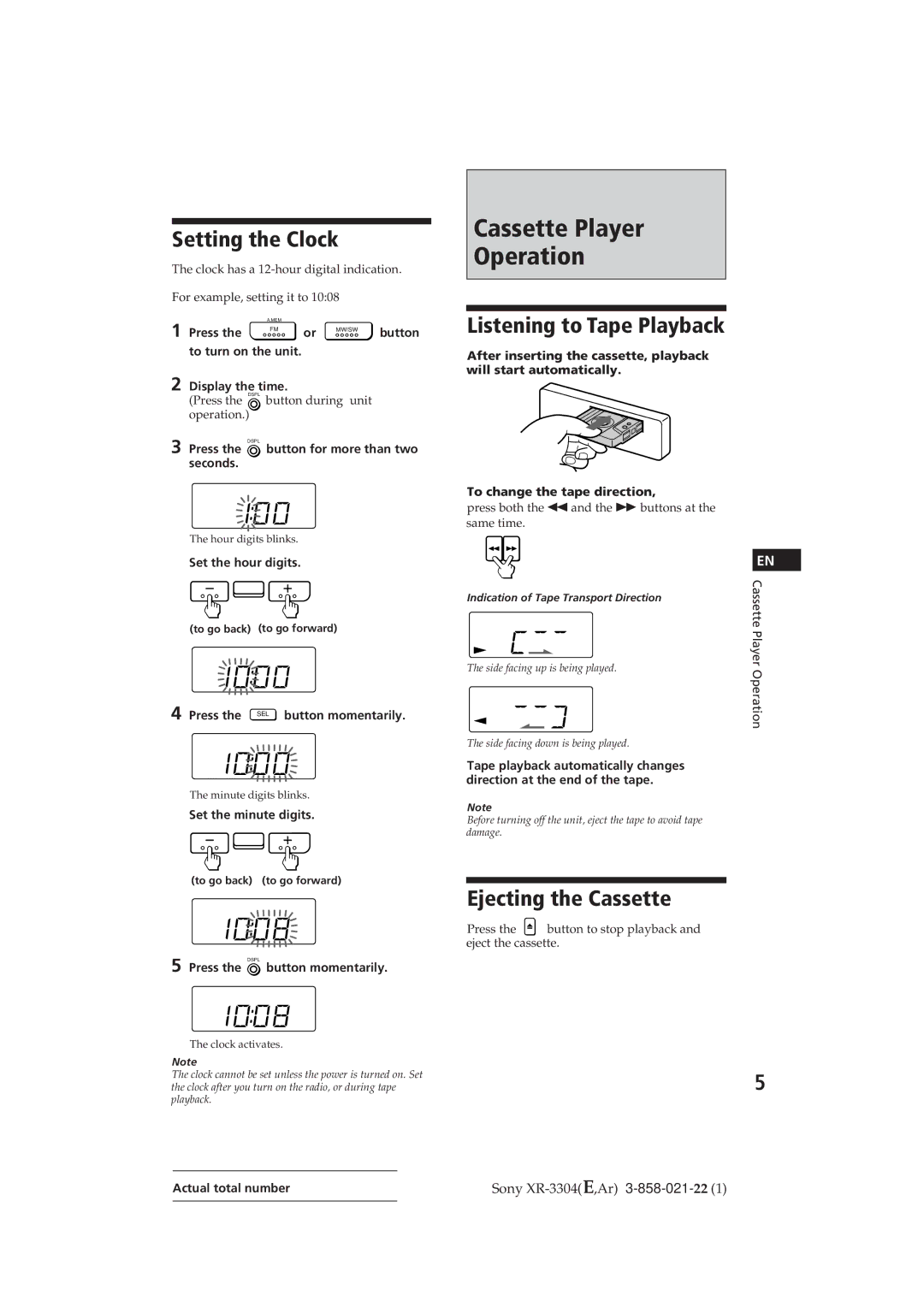 Sony XR-3304, XR-3309 Cassette Player Operation, Setting the Clock, Listening to Tape Playback, Ejecting the Cassette 