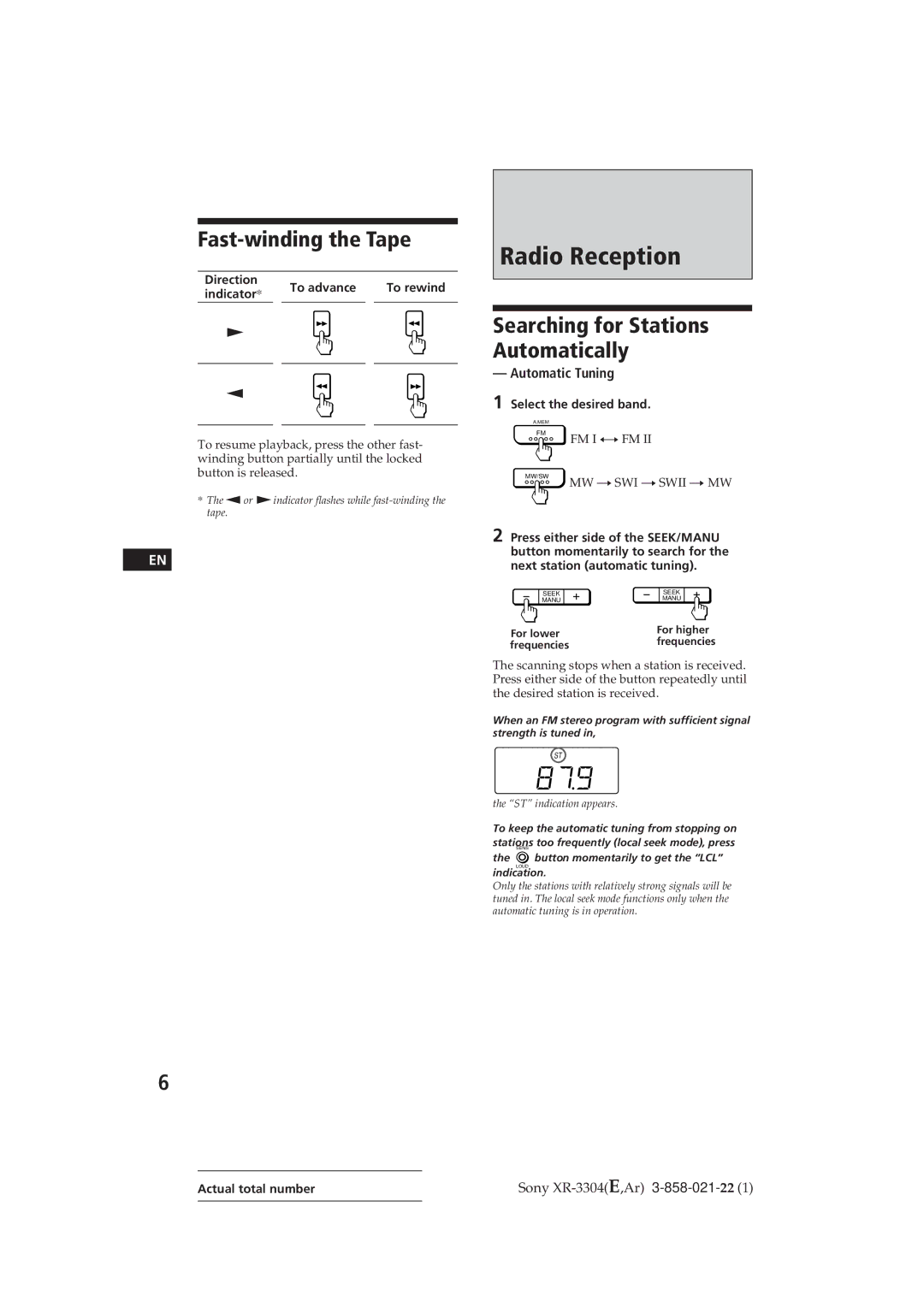 Sony XR-3309, XR-3304 Radio Reception, Fast-winding the Tape, Searching for Stations Automatically, Automatic Tuning 