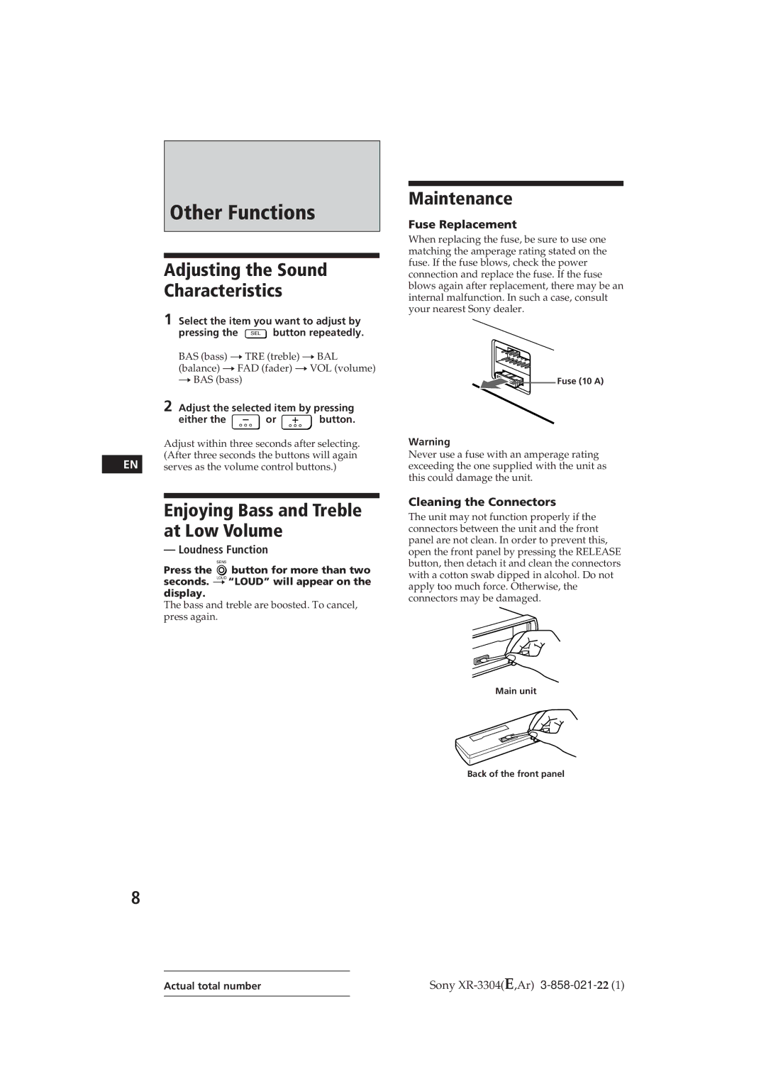 Sony XR-3309 Other Functions, Adjusting the Sound Characteristics, Enjoying Bass and Treble at Low Volume, Maintenance 