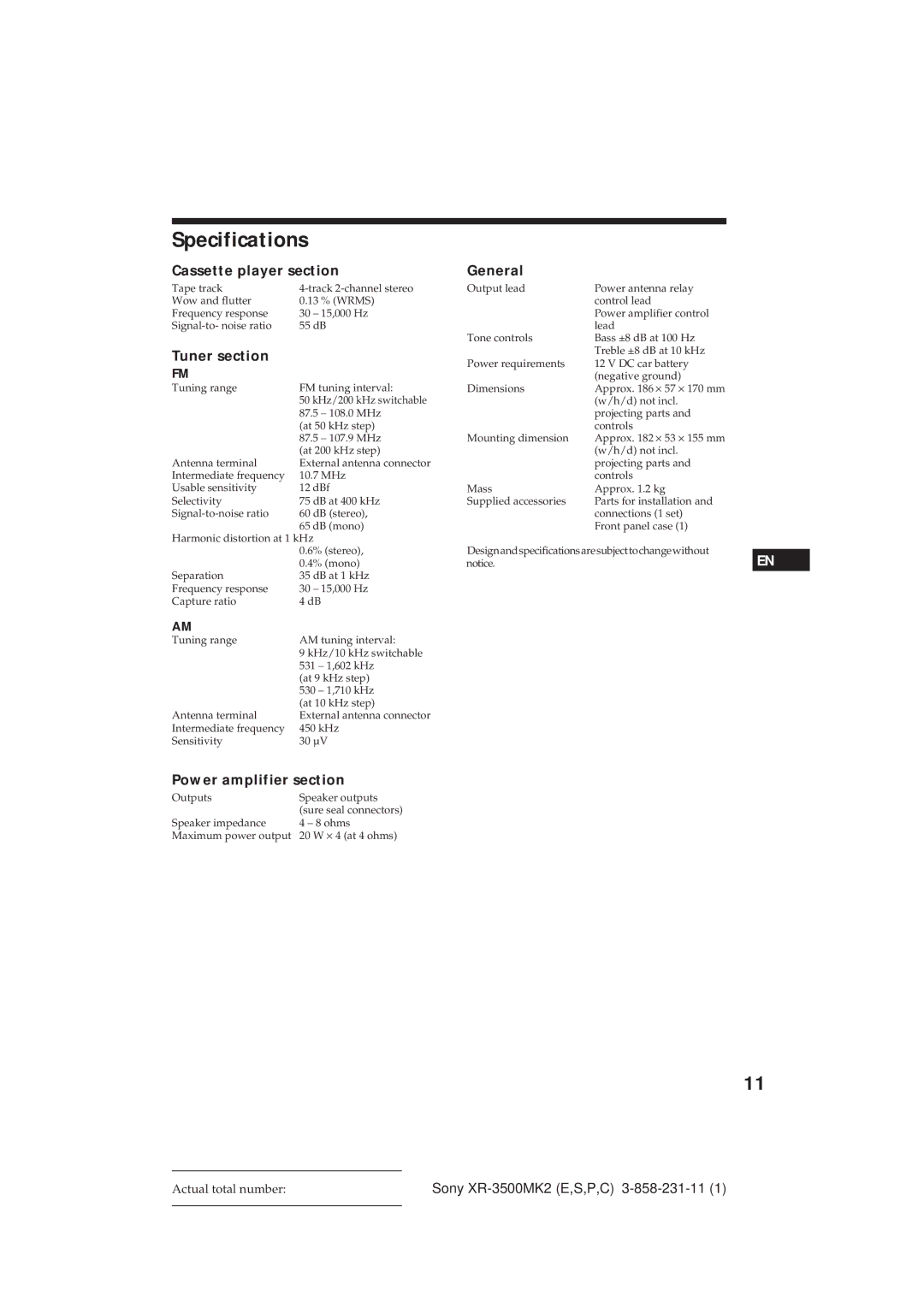 Sony XR-3500MK2 manual Specifications, Cassette player section General, Power amplifier section 