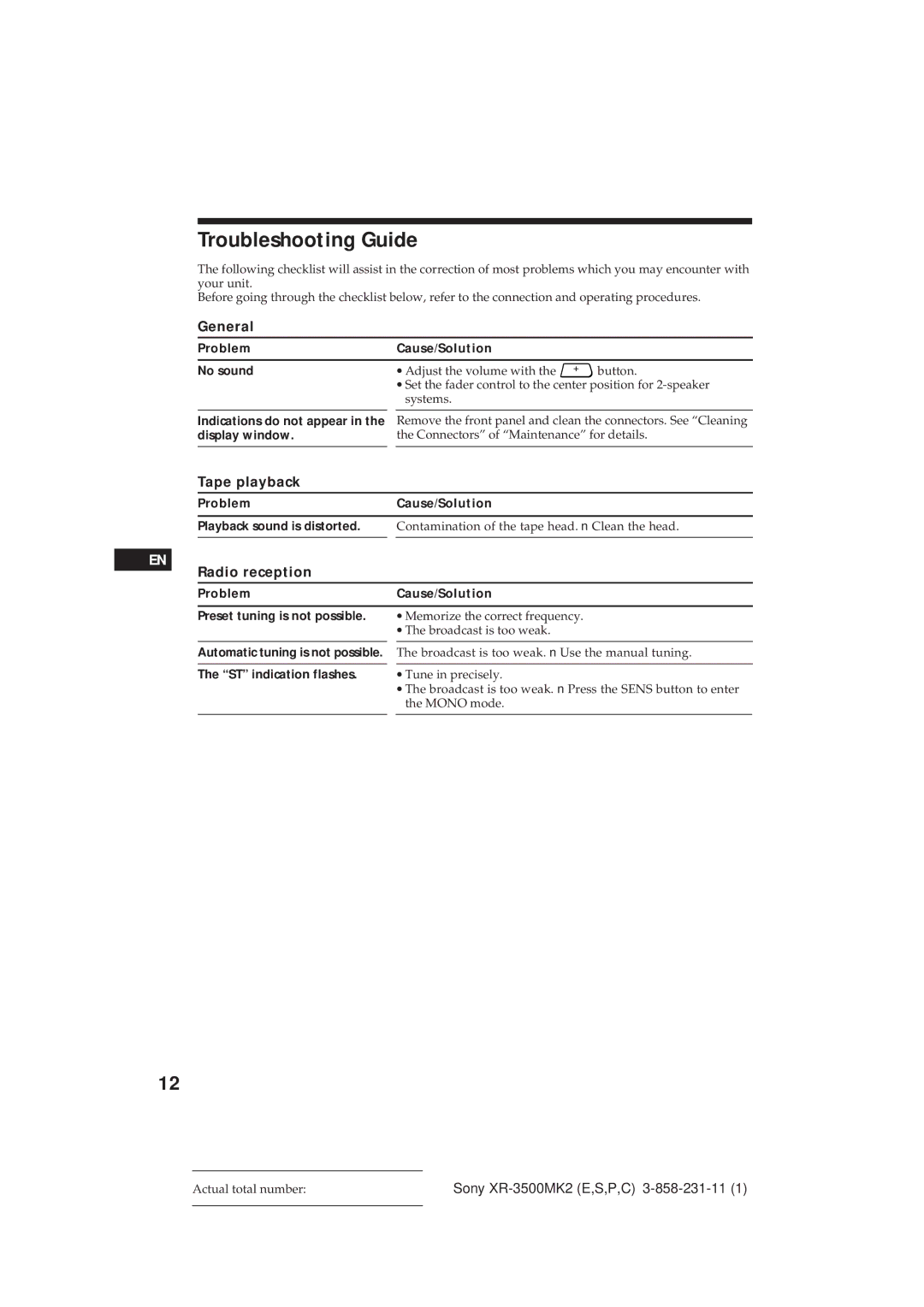 Sony XR-3500MK2 manual Troubleshooting Guide, Tape playback, Radio reception 