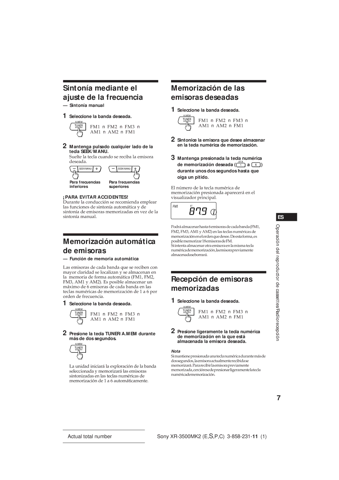 Sony XR-3500MK2 Sintonía mediante el ajuste de la frecuencia, Memorización de las emisoras deseadas, Sintonía manual 
