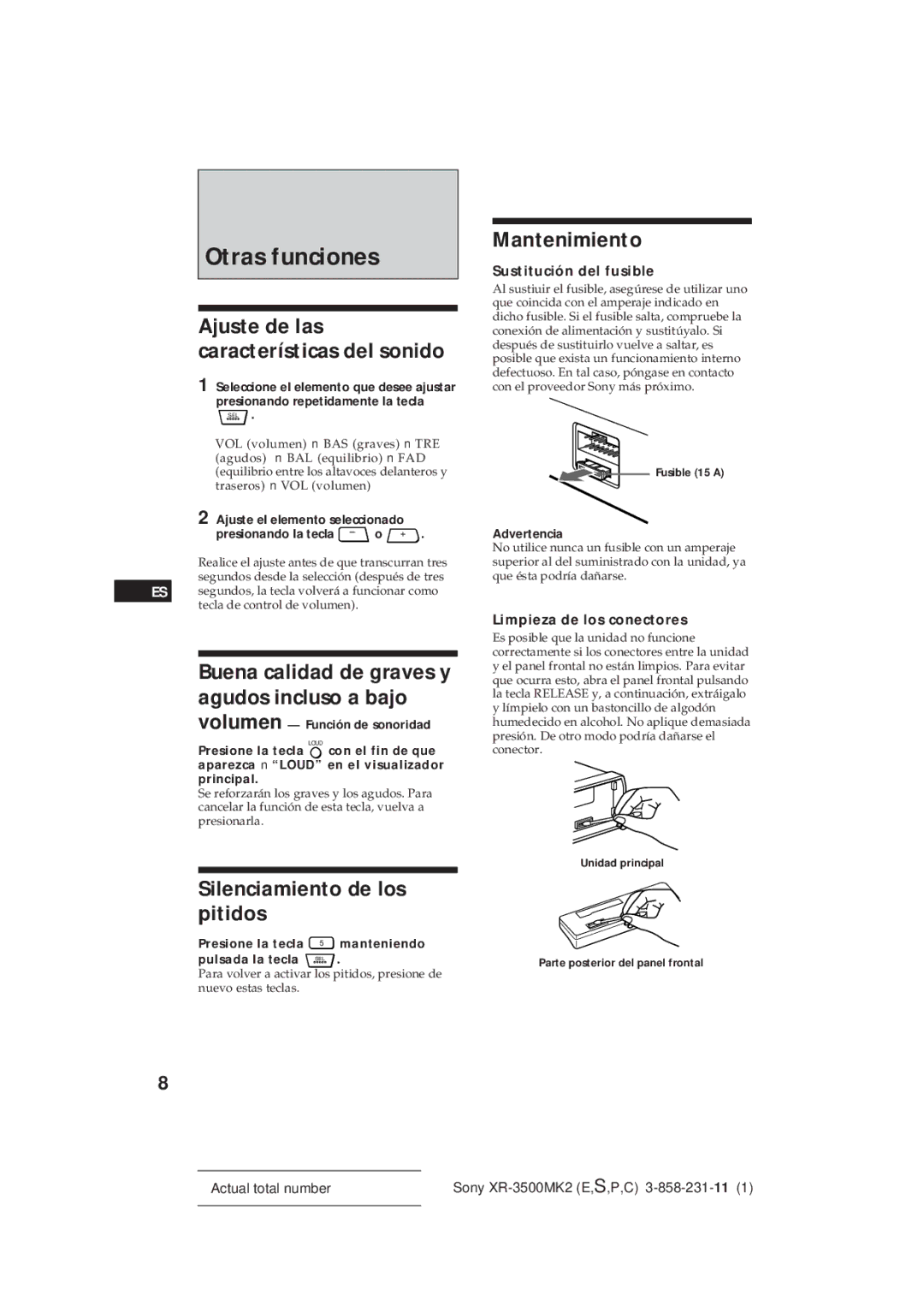 Sony XR-3500MK2 manual Otras funciones, Mantenimiento, Ajuste de las características del sonido, Sustitución del fusible 