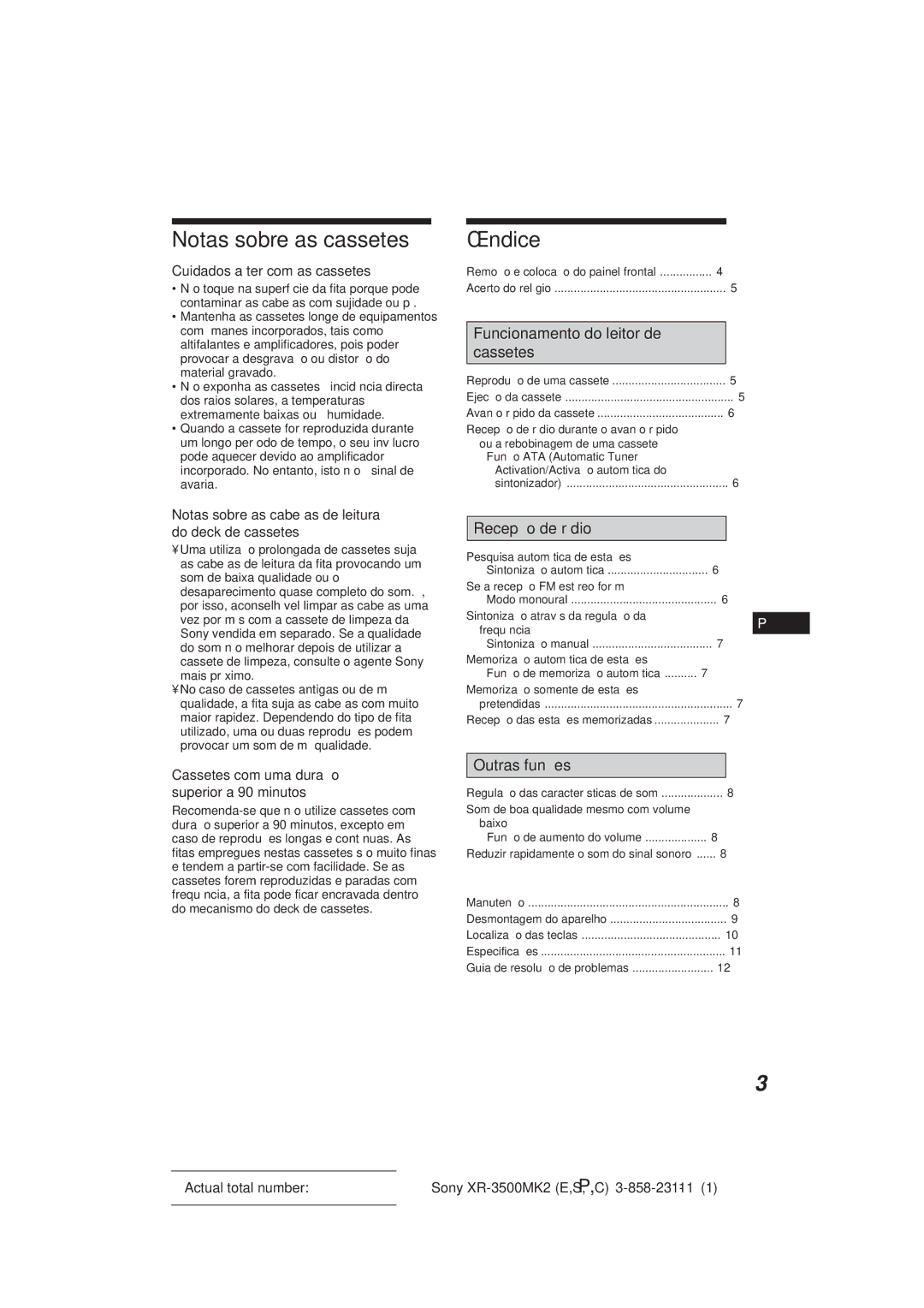 Sony XR-3500MK2 manual Notas sobre as cassetes, Índice, Cuidados a ter com as cassetes 