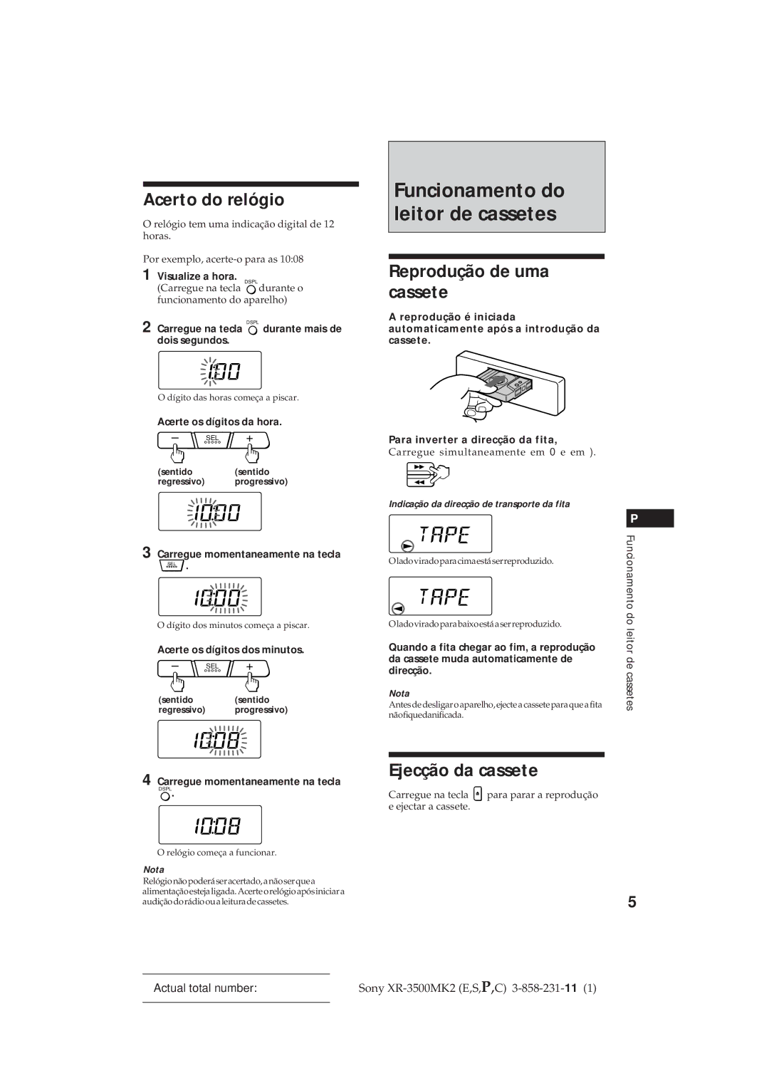 Sony XR-3500MK2 manual Acerto do relógio, Reprodução de uma cassete, Ejecção da cassete 