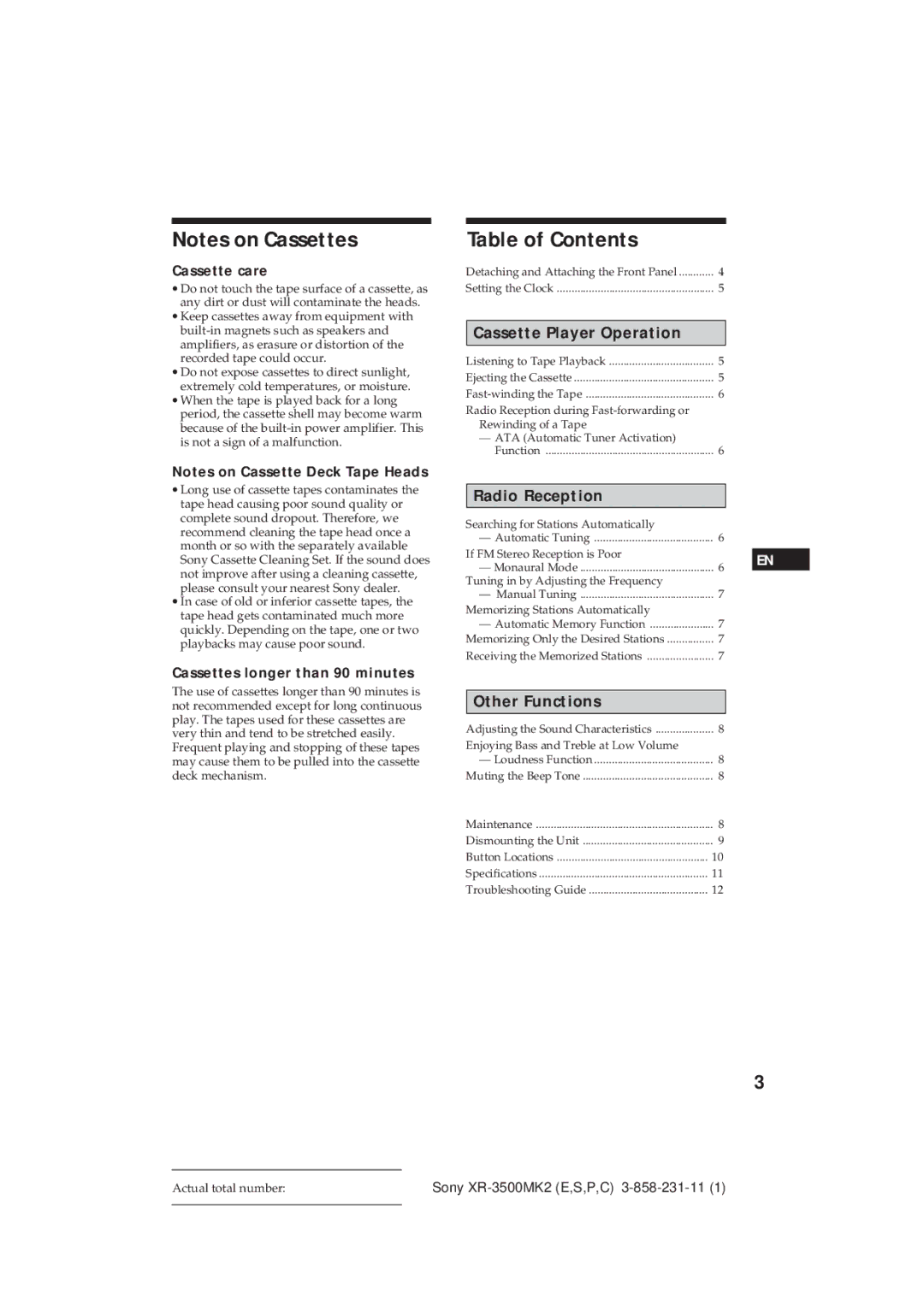 Sony XR-3500MK2 manual Table of Contents 