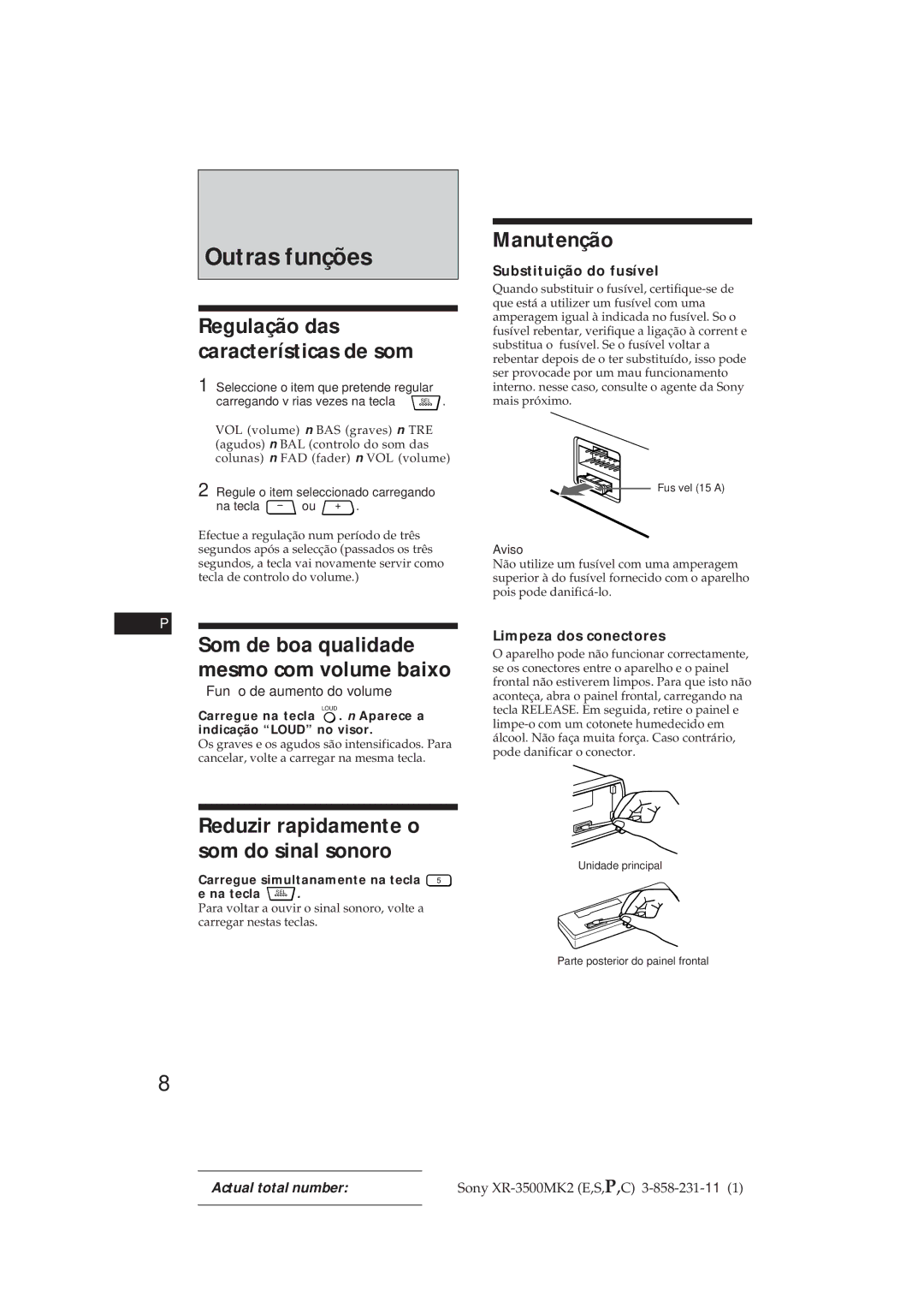 Sony XR-3500MK2 manual Outras funções, Manutenção, Regulação das características de som 