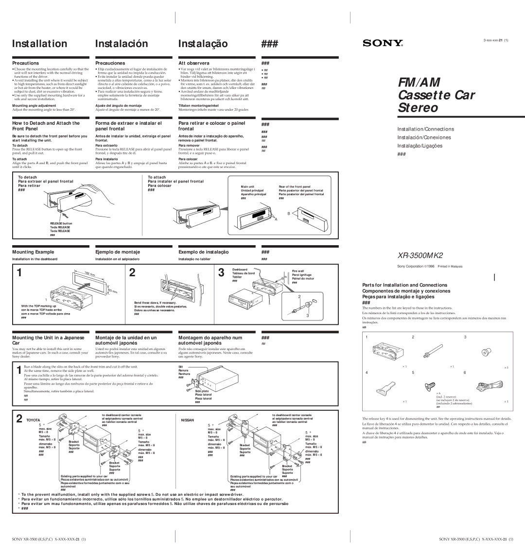 Sony XR-3500MK2 operating instructions Precautions Precauciones Att observera ###, Mounting Example Ejemplo de montaje 