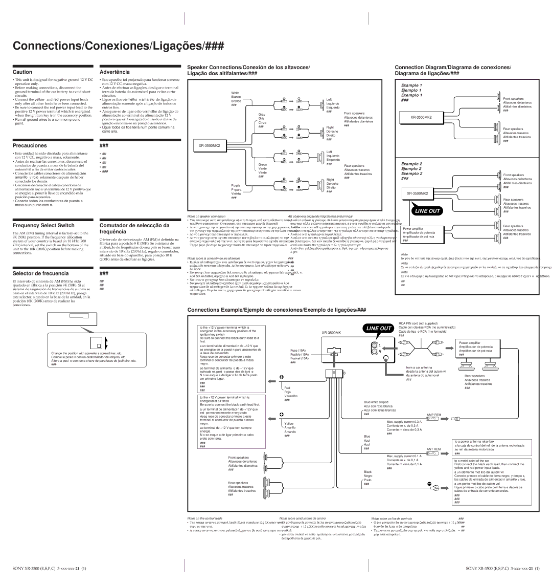 Sony XR-3500MK2 operating instructions Precauciones ###, Frequency Select Switch Comutador de seleccção da, Frequência 