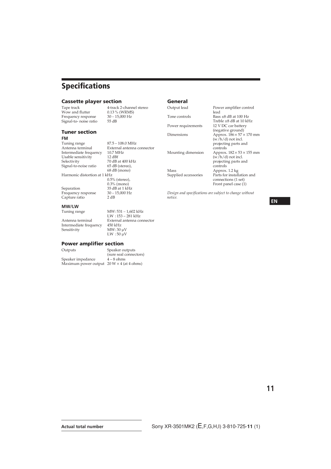 Sony XR-3501MK2 operating instructions Specifications, Cassette player section General, Power amplifier section, Mw/Lw 