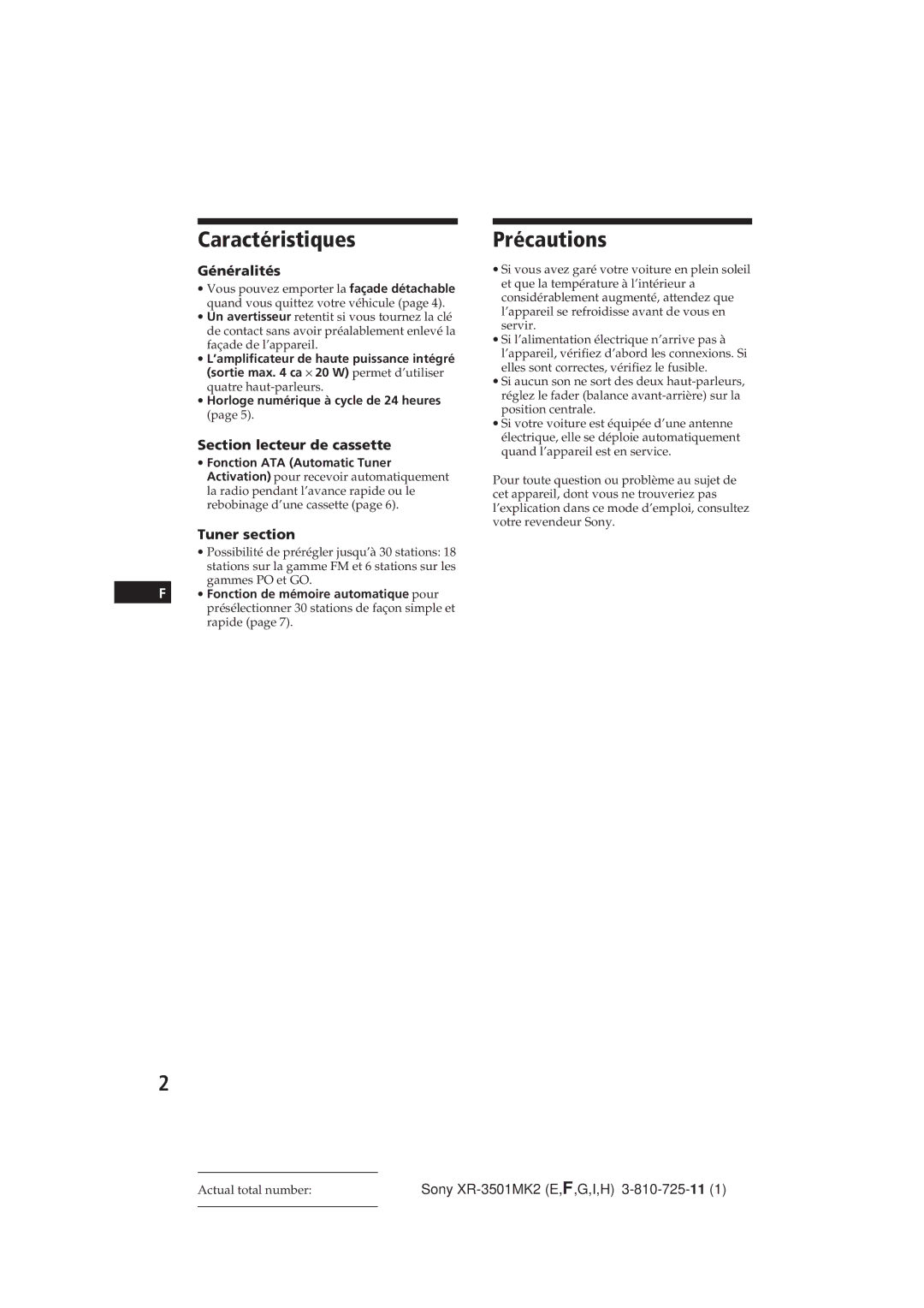 Sony XR-3501MK2 operating instructions Caractéristiques, Précautions, Généralités, Section lecteur de cassette 