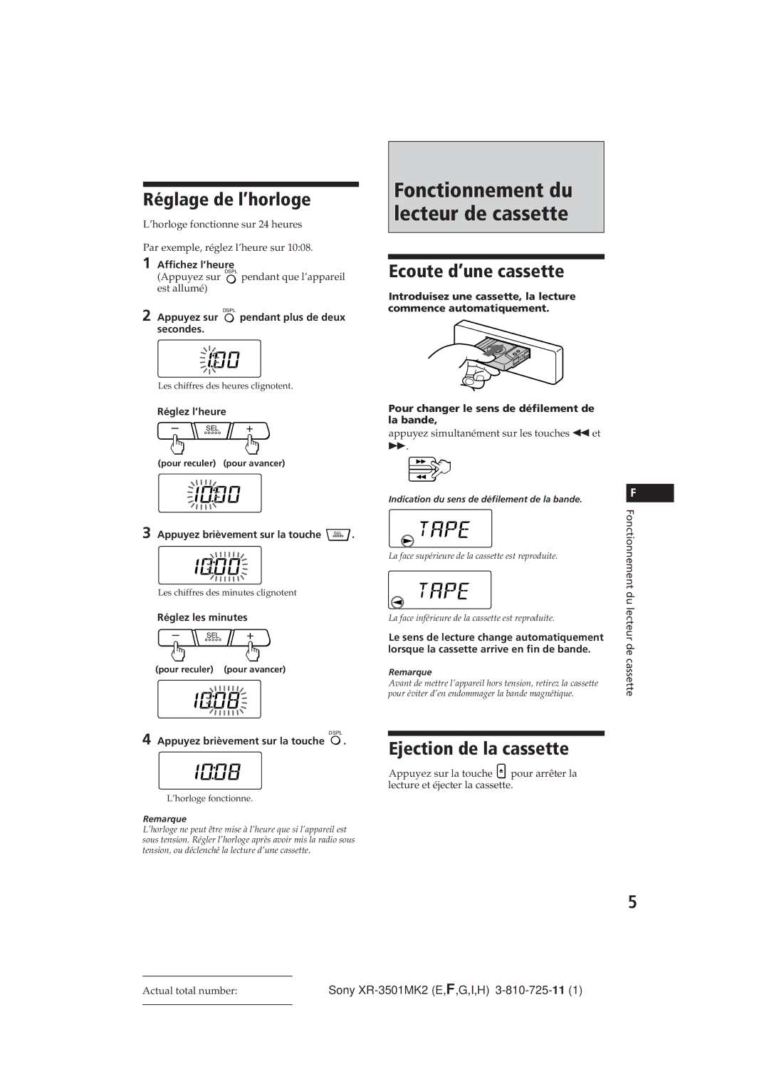 Sony XR-3501MK2 operating instructions Réglage de l’horloge, Ecoute d’une cassette 