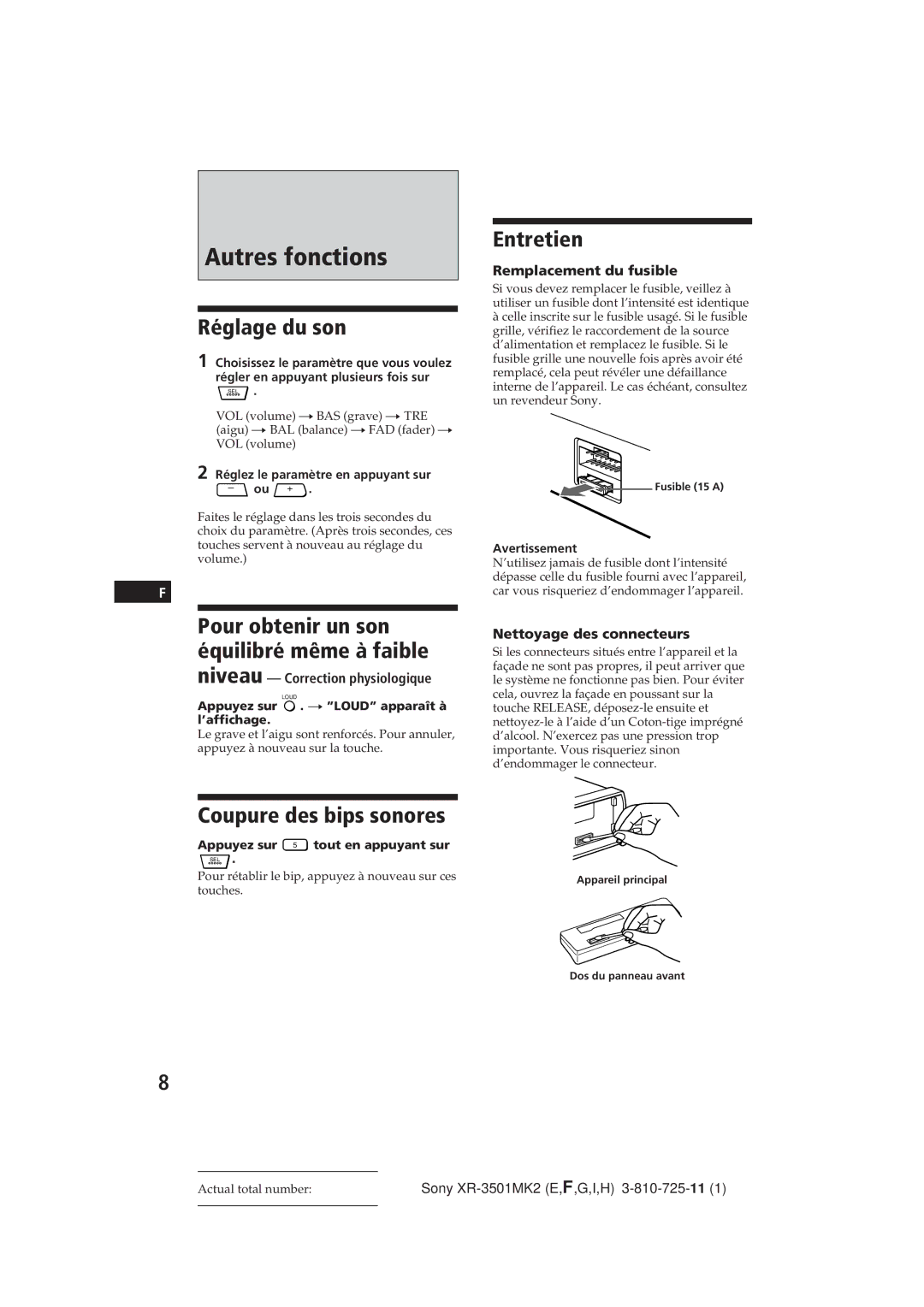 Sony XR-3501MK2 operating instructions Autres fonctions, Réglage du son, Entretien, Coupure des bips sonores 