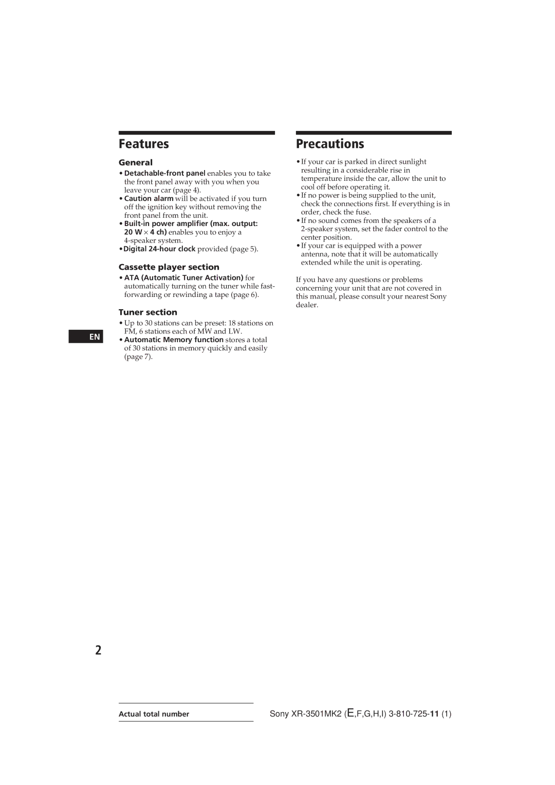 Sony XR-3501MK2 operating instructions Features, Precautions, General, Cassette player section, Tuner section 