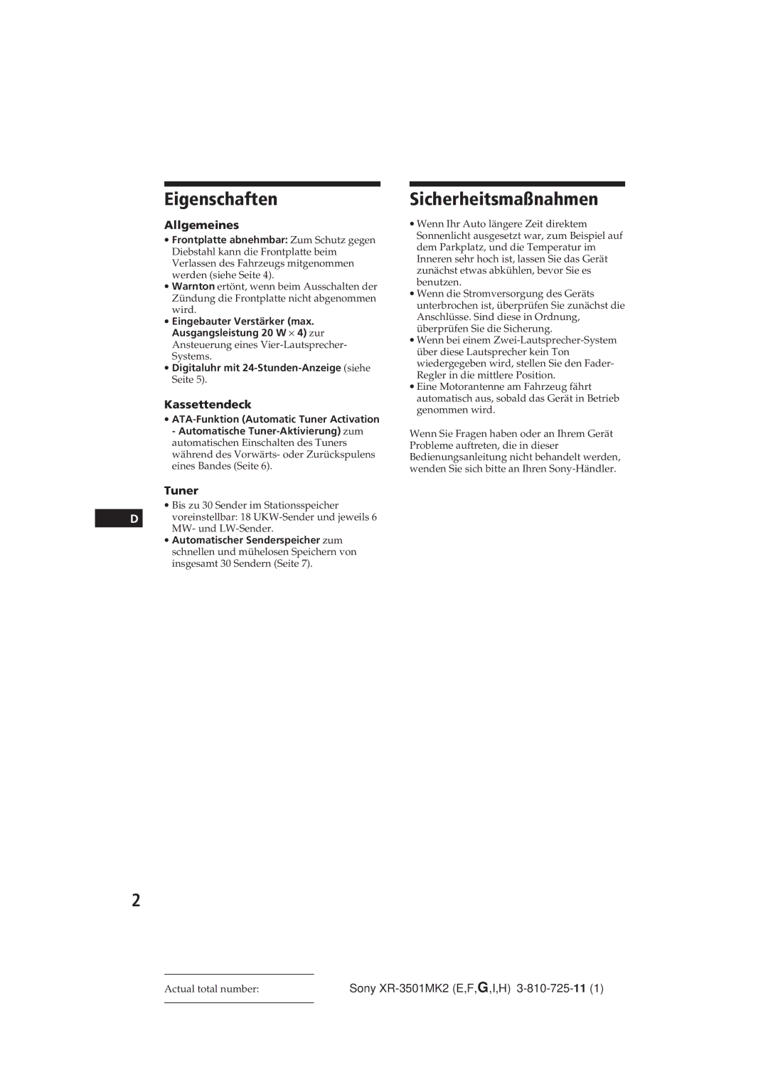 Sony XR-3501MK2 operating instructions Eigenschaften, Sicherheitsmaßnahmen, Allgemeines, Kassettendeck, Tuner 