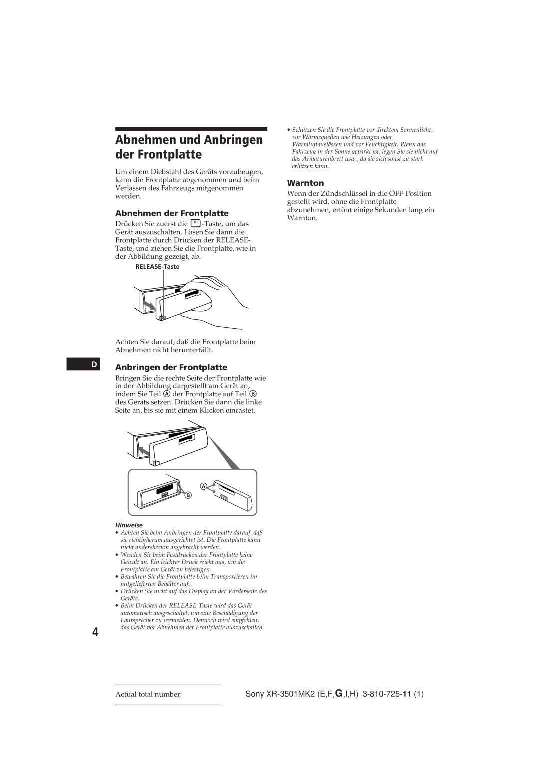 Sony XR-3501MK2 operating instructions Abnehmen und Anbringen der Frontplatte, Abnehmen der Frontplatte, Warnton, Hinweise 