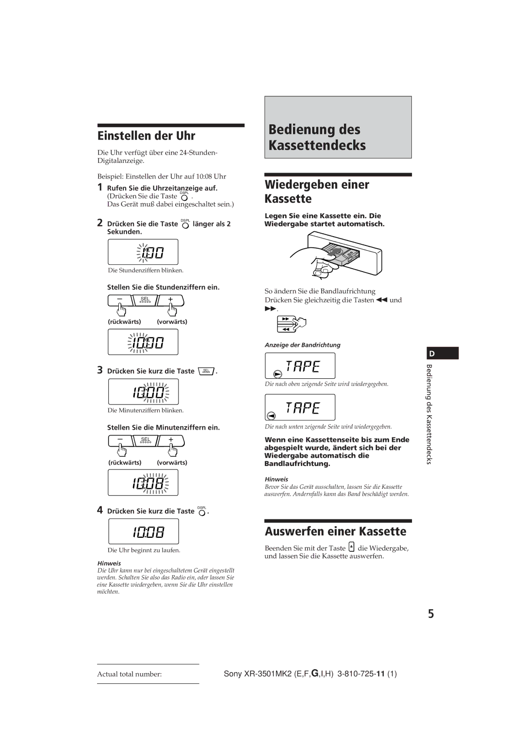 Sony XR-3501MK2 Bedienung des Kassettendecks, Einstellen der Uhr, Wiedergeben einer Kassette, Auswerfen einer Kassette 