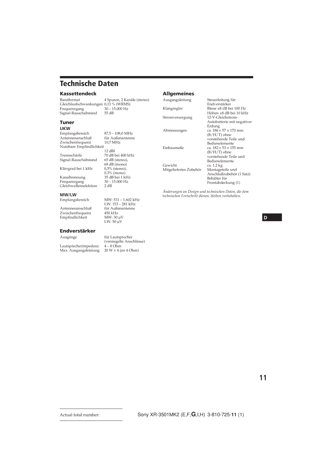 Sony XR-3501MK2 operating instructions Technische Daten, Endverstärker, Ukw 