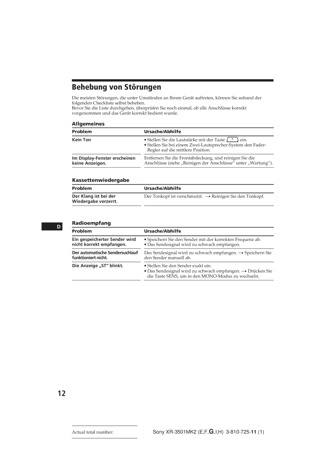 Sony XR-3501MK2 operating instructions Behebung von Störungen, Kassettenwiedergabe, Radioempfang 