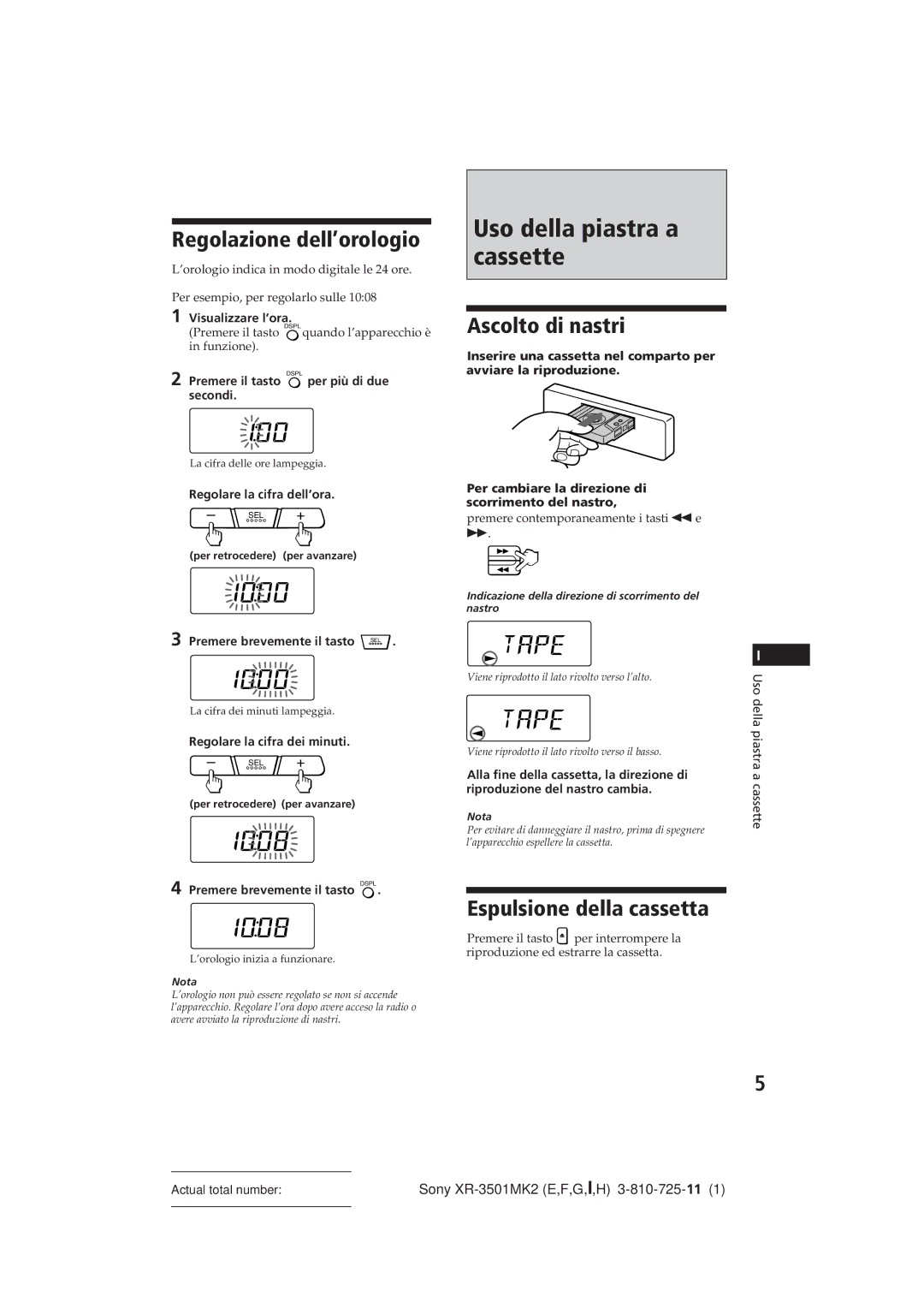 Sony XR-3501MK2 Uso della piastra a cassette, Regolazione dell’orologio, Ascolto di nastri, Espulsione della cassetta 