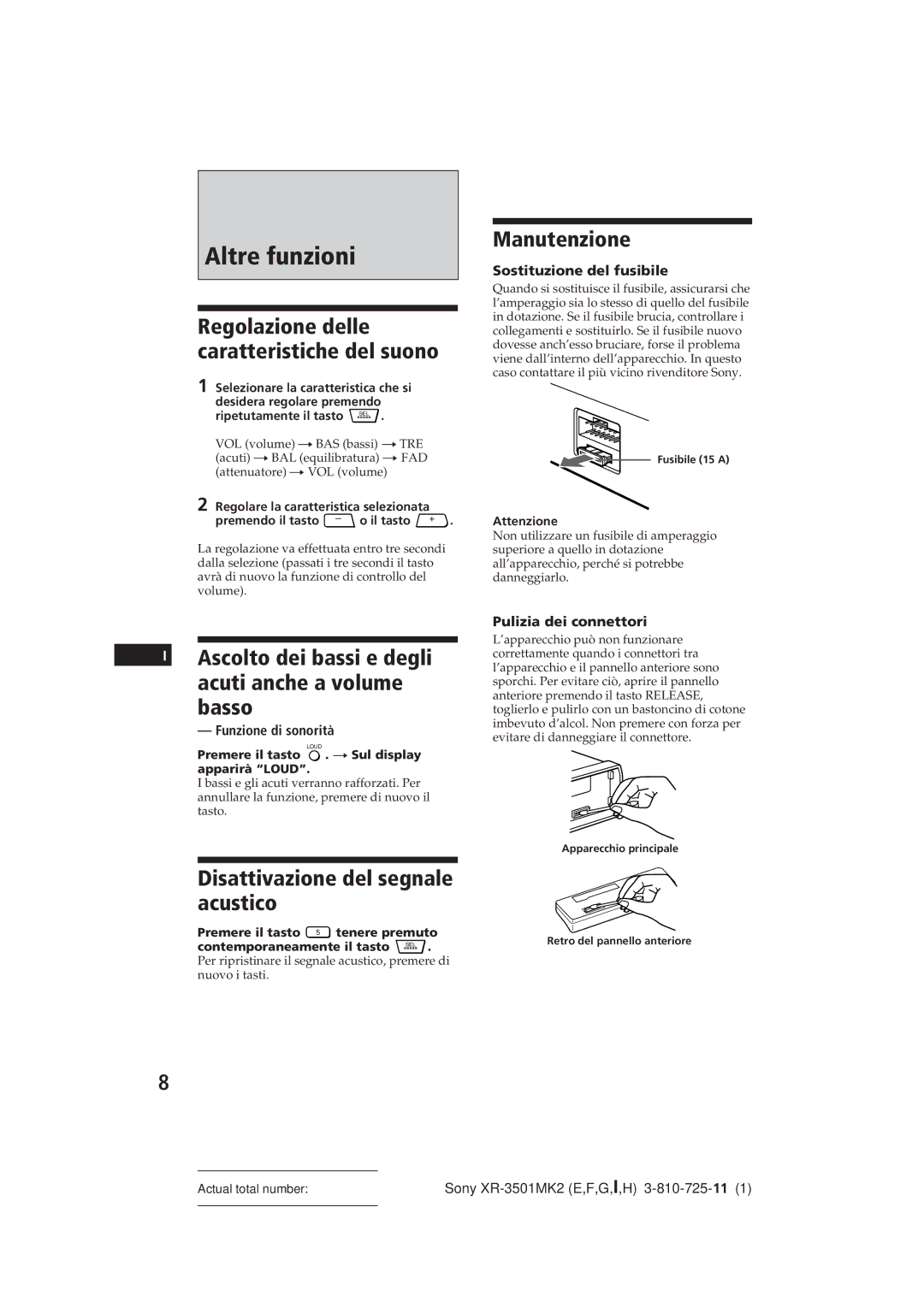 Sony XR-3501MK2 operating instructions Altre funzioni, Basso, Disattivazione del segnale acustico, Manutenzione 