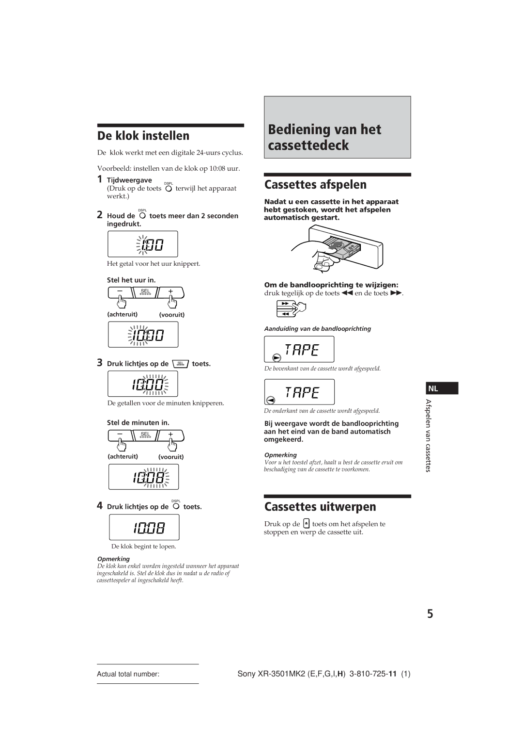 Sony XR-3501MK2 Bediening van het cassettedeck, De klok instellen, Cassettes afspelen, Cassettes uitwerpen 