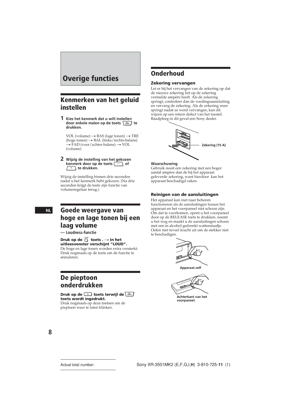 Sony XR-3501MK2 operating instructions Overige functies, Kenmerken van het geluid instellen, Onderhoud 