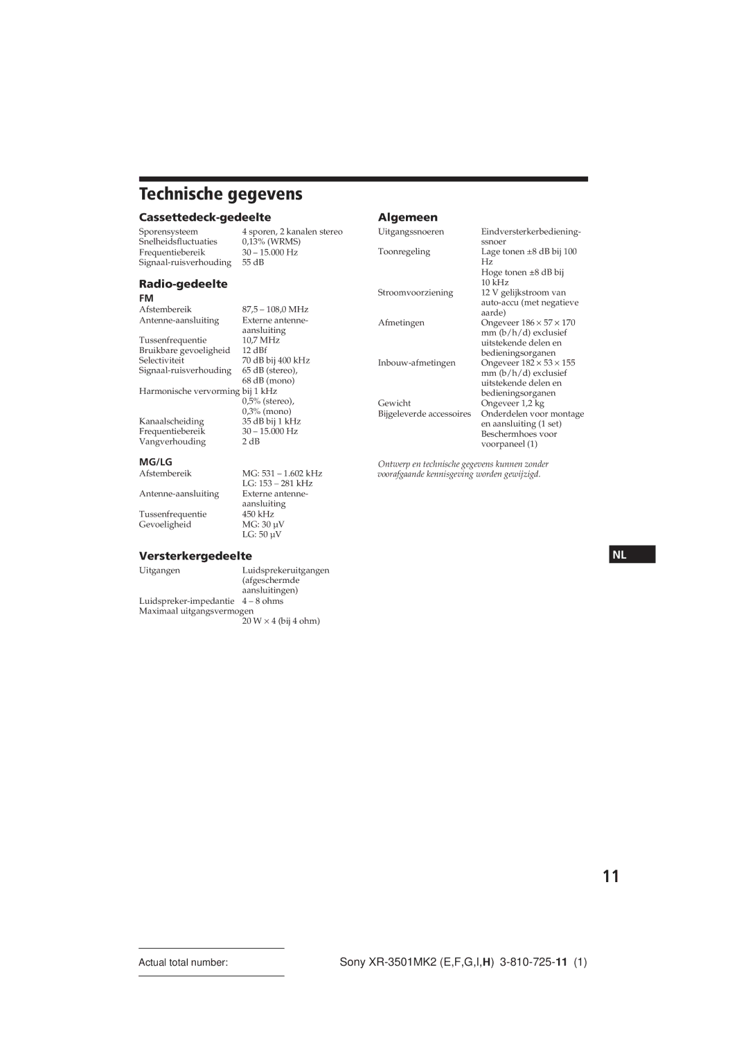 Sony XR-3501MK2 operating instructions Technische gegevens, Radio-gedeelte, Versterkergedeelte, Mg/Lg 