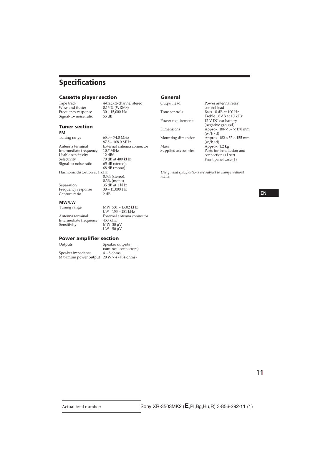 Sony XR-3503MK2 operating instructions Specifications, Power amplifier section 