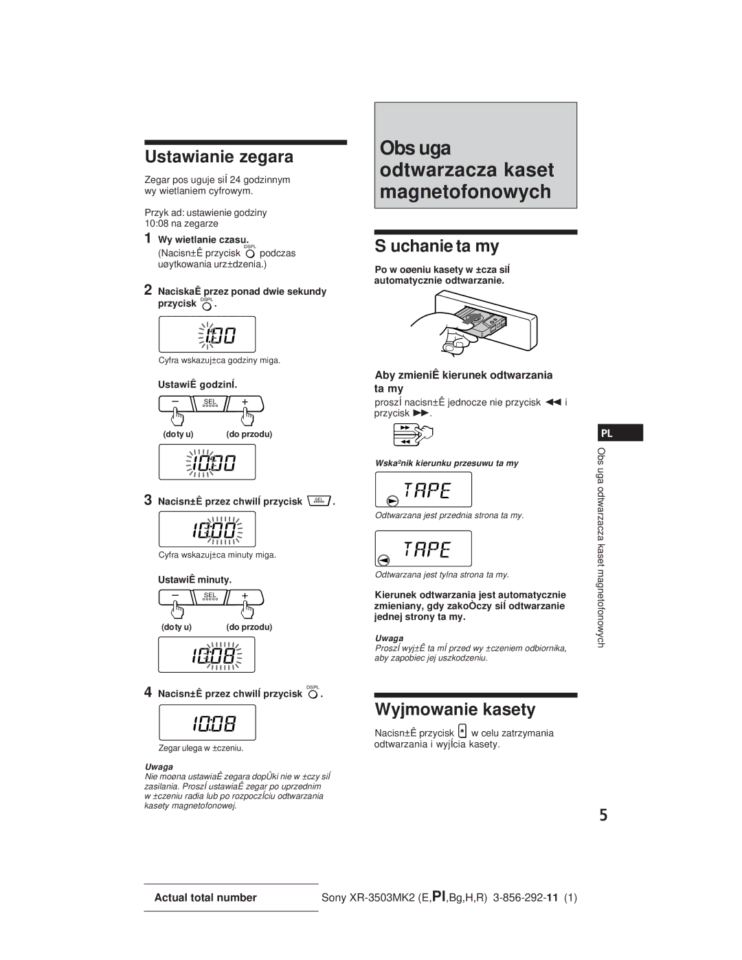 Sony XR-3503MK2 Obs uga odtwarzacza kaset magnetofonowych, Ustawianie zegara, Uchanie ta my, Wyjmowanie kasety 