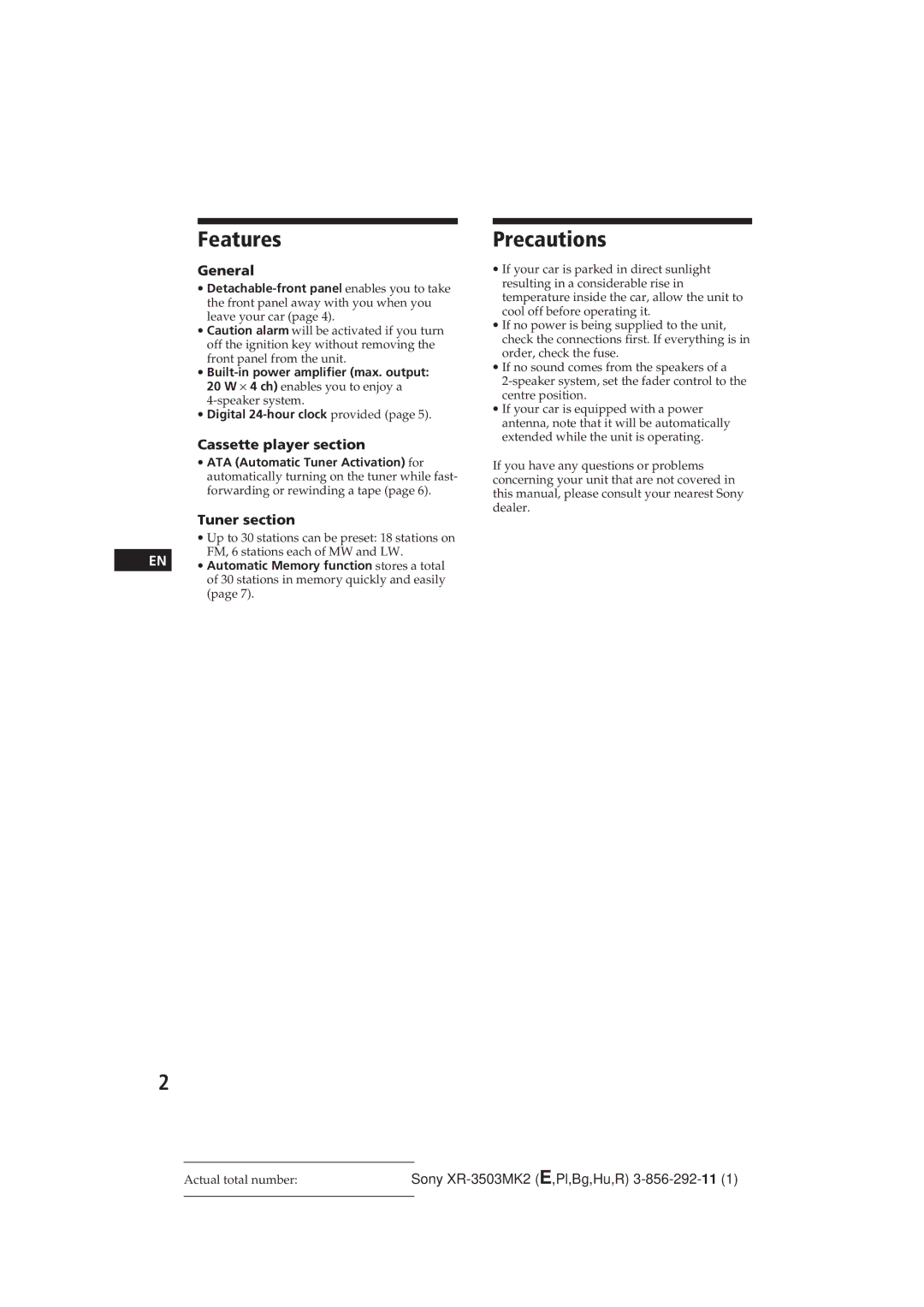 Sony XR-3503MK2 operating instructions Features, Precautions, General, Cassette player section, Tuner section 