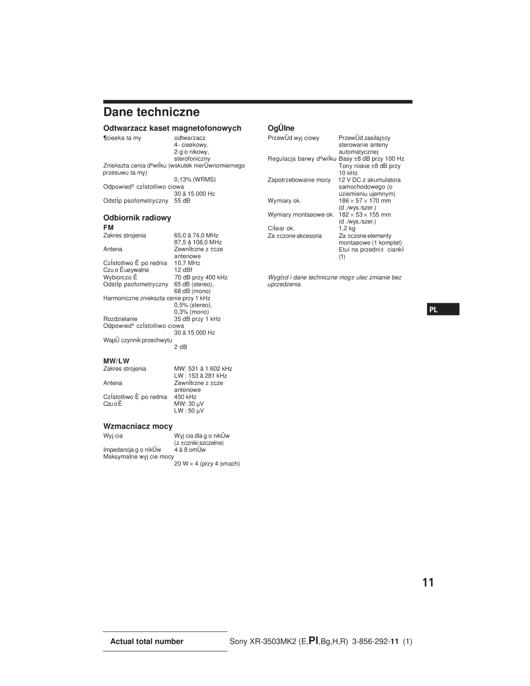 Sony XR-3503MK2 operating instructions Dane techniczne, Wzmacniacz mocy 