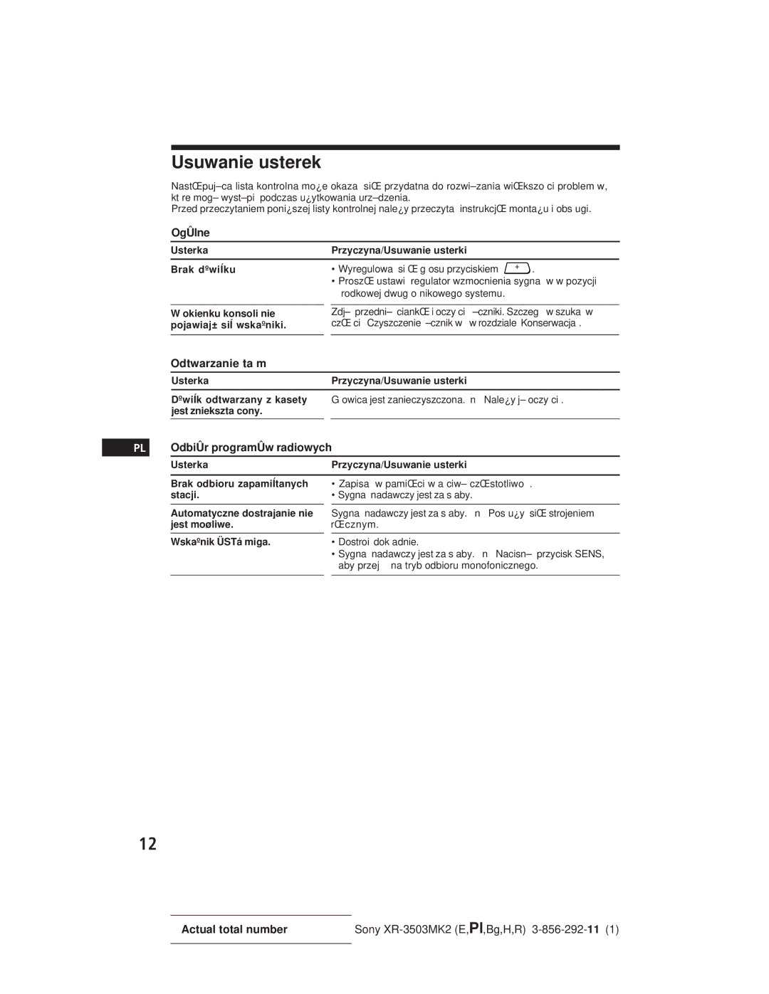 Sony XR-3503MK2 operating instructions Usuwanie usterek, Odtwarzanie ta m, Okienku konsoli nie 